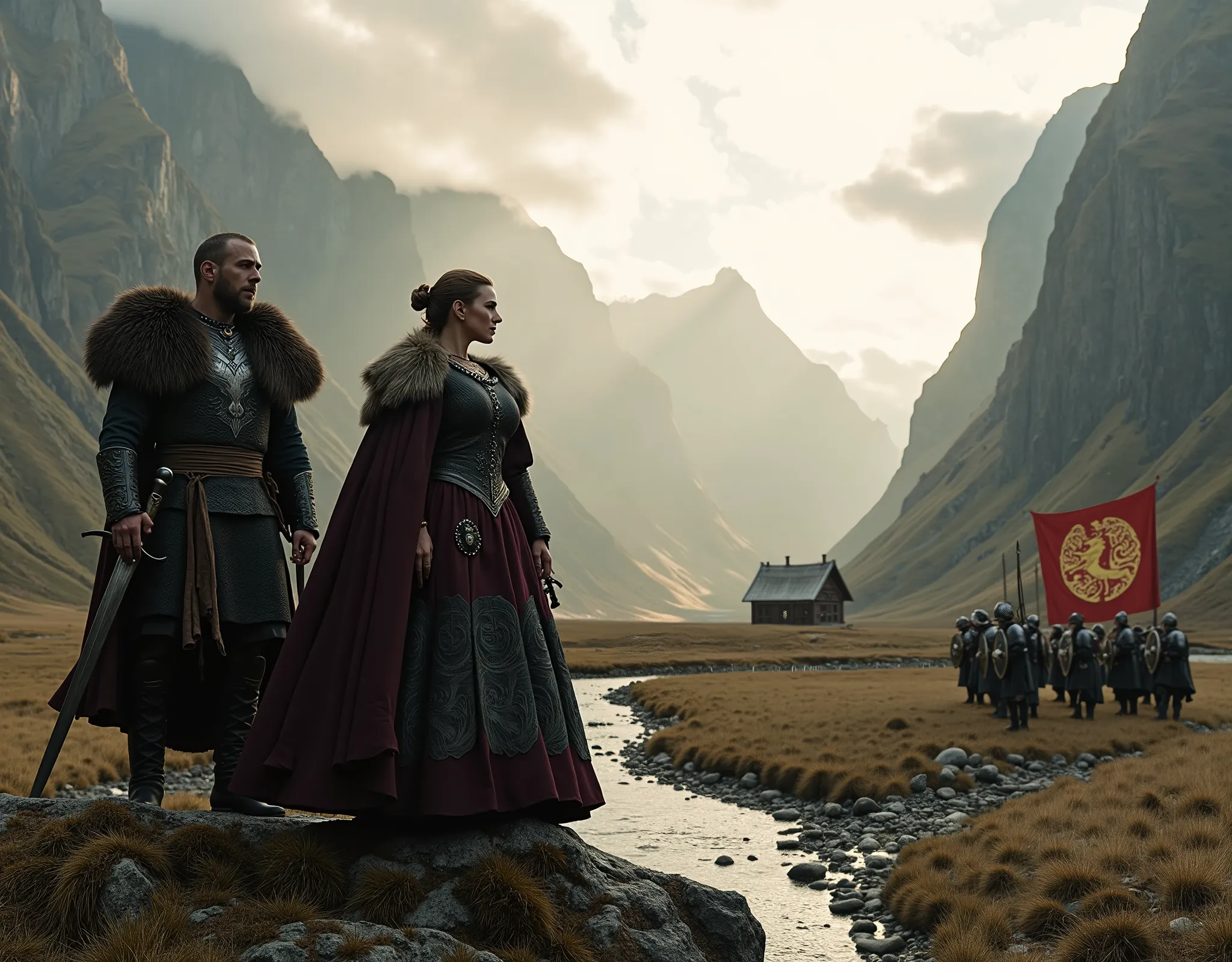 Steep and dramatic mountains are towering in the background and slightly obfuscated by low clouds as dawn breaks and sunrays pierce the clouds. A stream snakes its way down the fjord valley, revealing an ornate longhouse on the far riverbed. In the foregro...