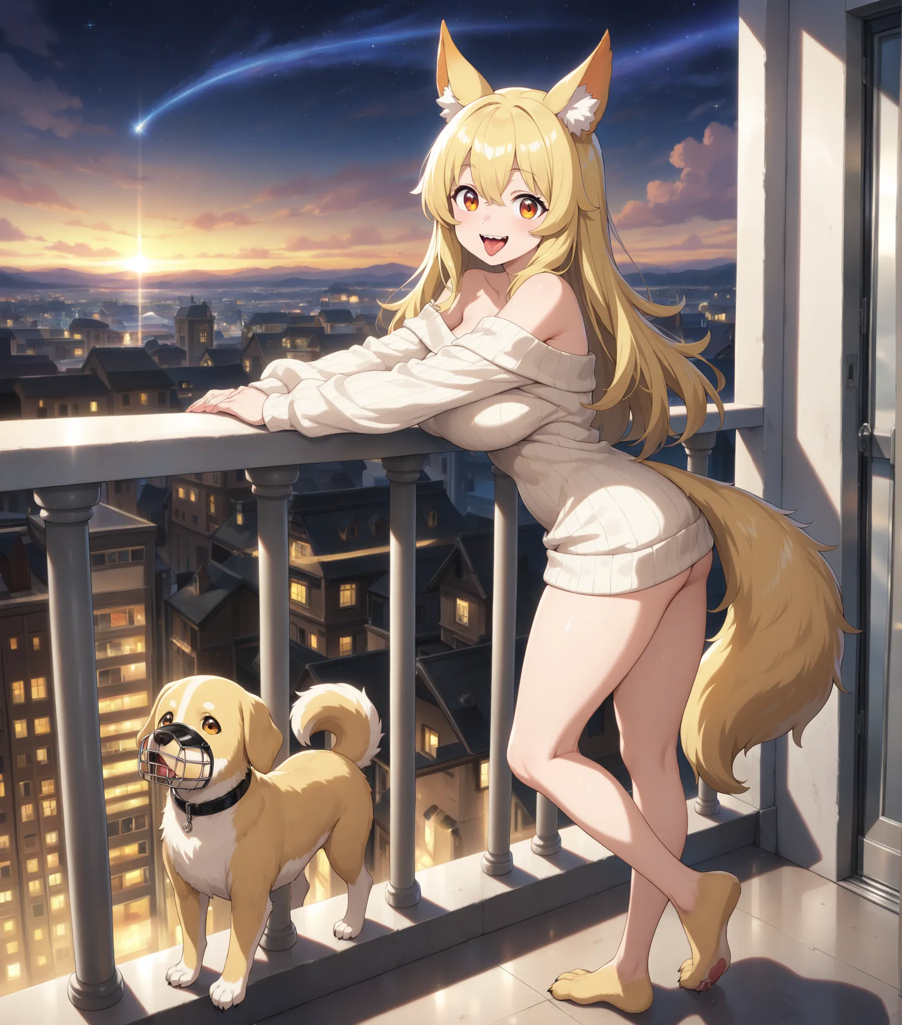 A drawing of an anthropomorphic female Labrador Retriever hybrid, standing in a balcony door at twilight. She has long, fluffy, light blonde hair that falls to her shoulders and forhead, styled with a center part. Her fur is a light golden color, matching ...