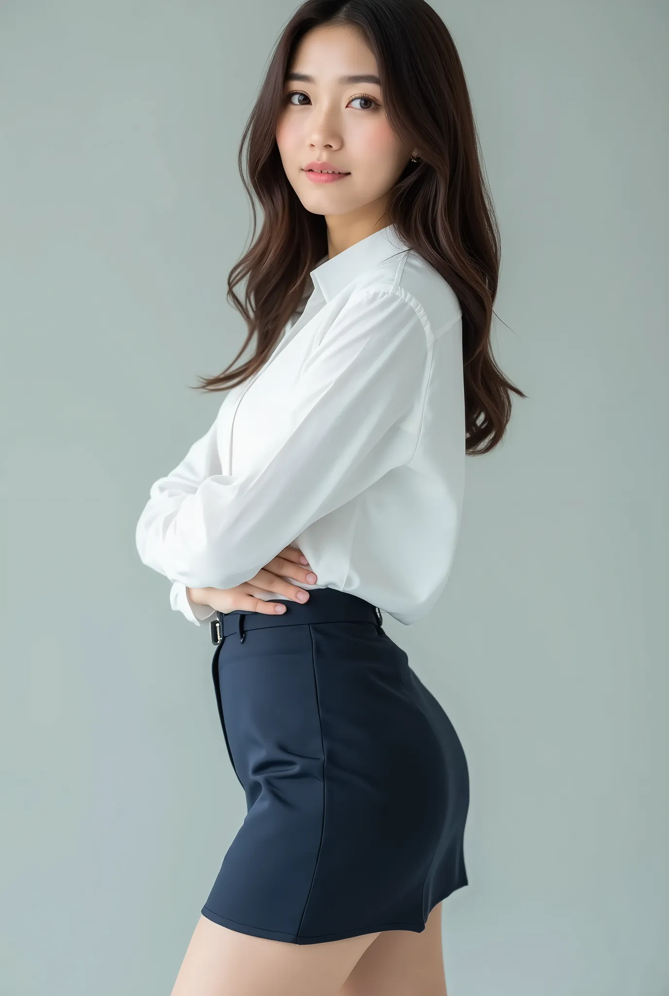 ((full body image)), ((From head to toe:1.5)), Sexy Beautiful Japanese Woman , 5, OL , business suit, ribbon, white blouse, dark blue mini tight skirt, skirt 15 cm above the knee, (light brown pantyhose:1.5), black enamel high heels , long hair, Textu...