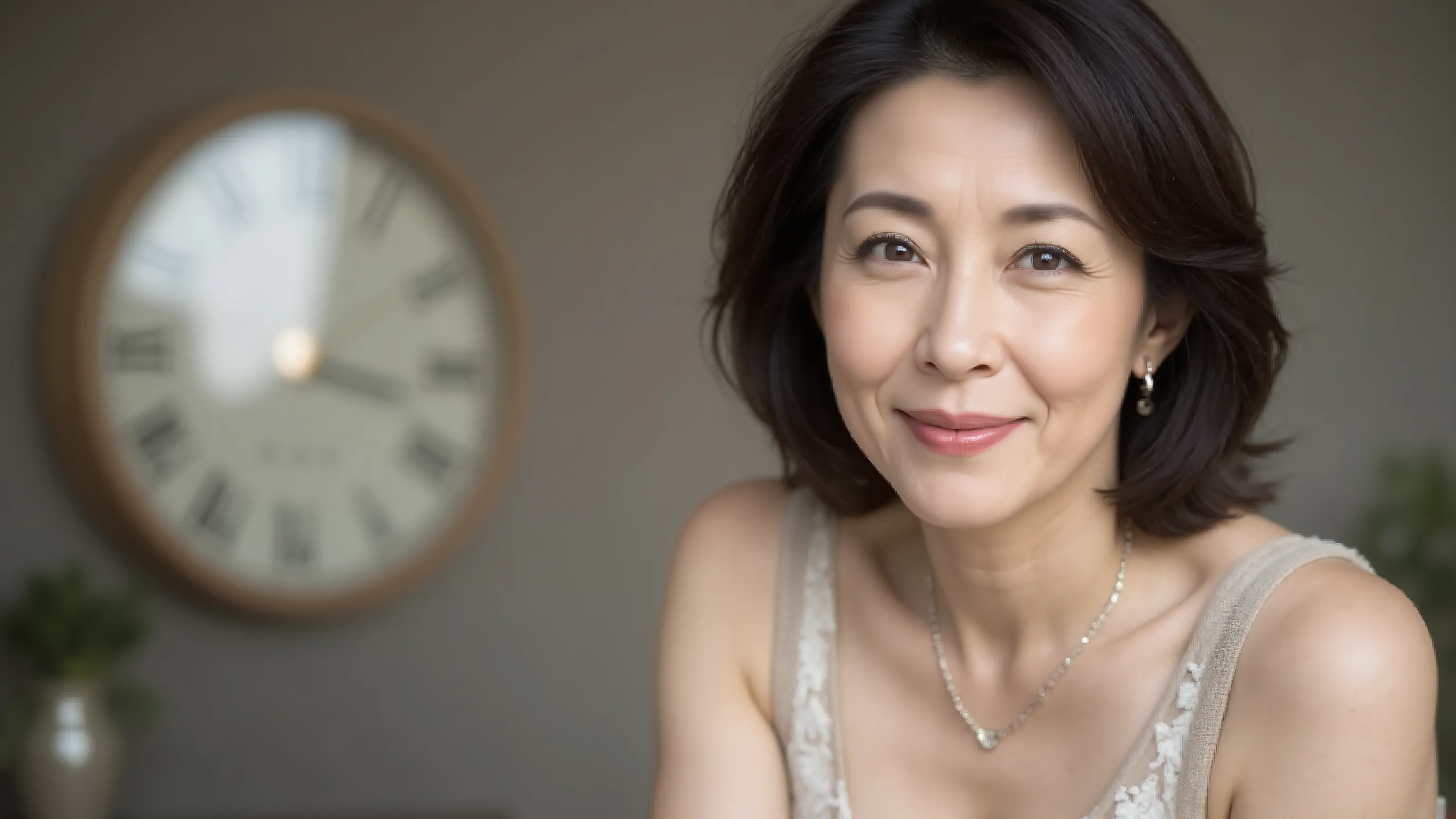 beige sleeveless turtleneck knit、white lace panties、A 50-year-old middle-aged woman, Wavy Short Black Hair 、 kind smile , full body、necklace、 clock、and look at the camera
