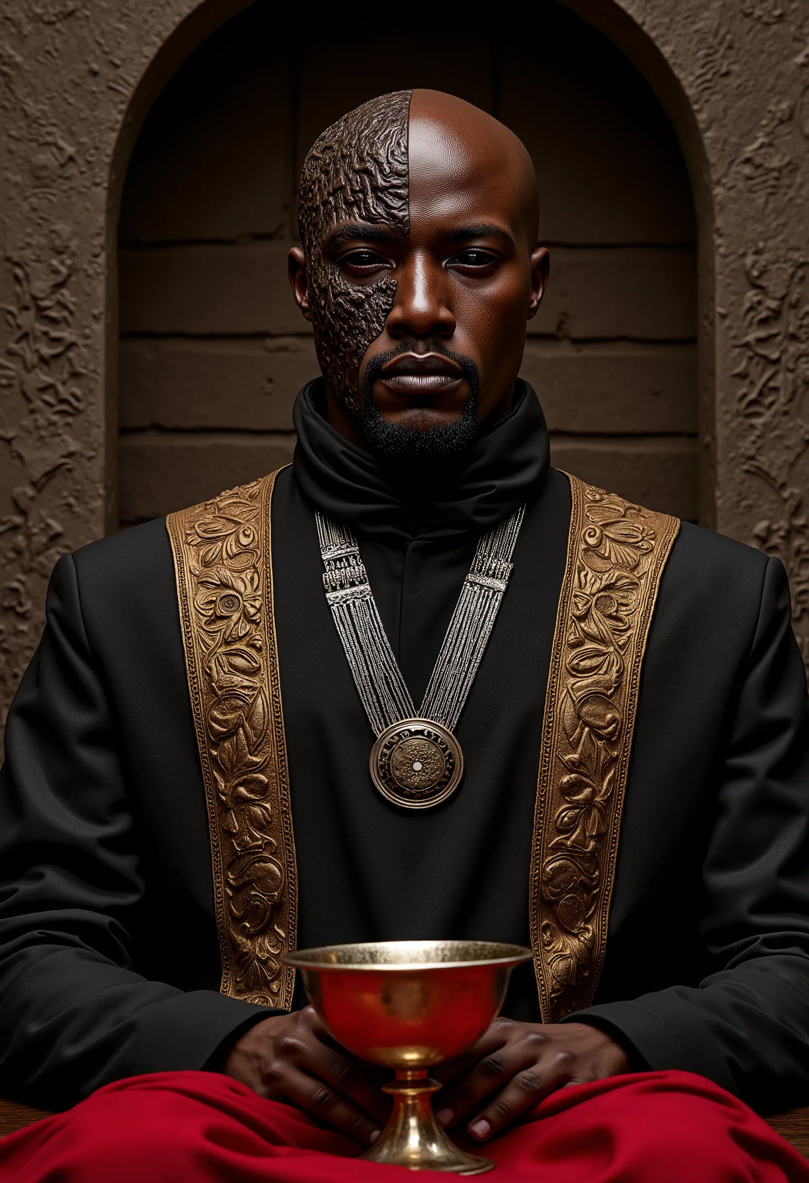 close up portrait of a black skinned african bald man with a goatee, seated in what appears to be a throne-like chair within a stone structure. He has a serious expression and is looking slightly off to his right. His eyes were completely black, with no vi...