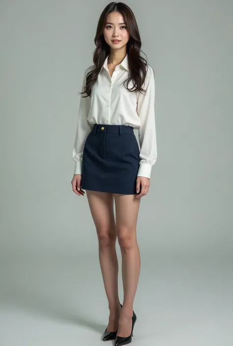  ((full body image)), ((From head to toe:1.5)), Sexy Beautiful Japanese Woman , 5,  OL , business suit,  ribbon,  white blouse, dark blue mini tight skirt, skirt 15 cm above the knee, (light brown pantyhose:1.5), black enamel high heels ,  long hair, Textu...