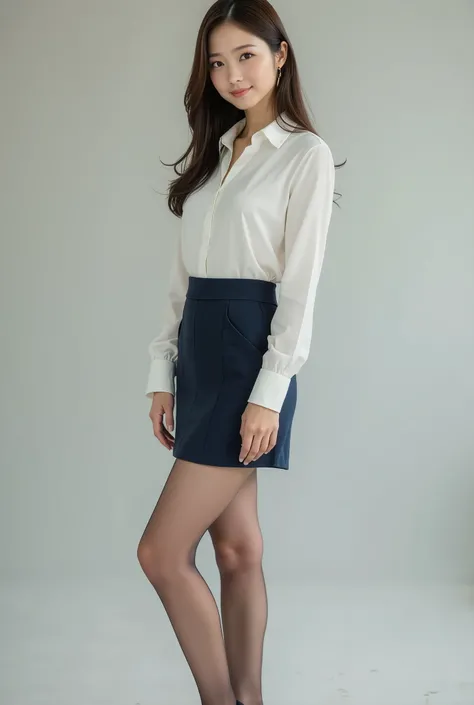  ((full body image)), ((From head to toe:1.5)), Sexy Beautiful Japanese Woman , 5,  OL , business suit,  ribbon,  white blouse, dark blue mini tight skirt, skirt 15 cm above the knee, (light brown pantyhose:1.5), black enamel high heels ,  long hair, Textu...