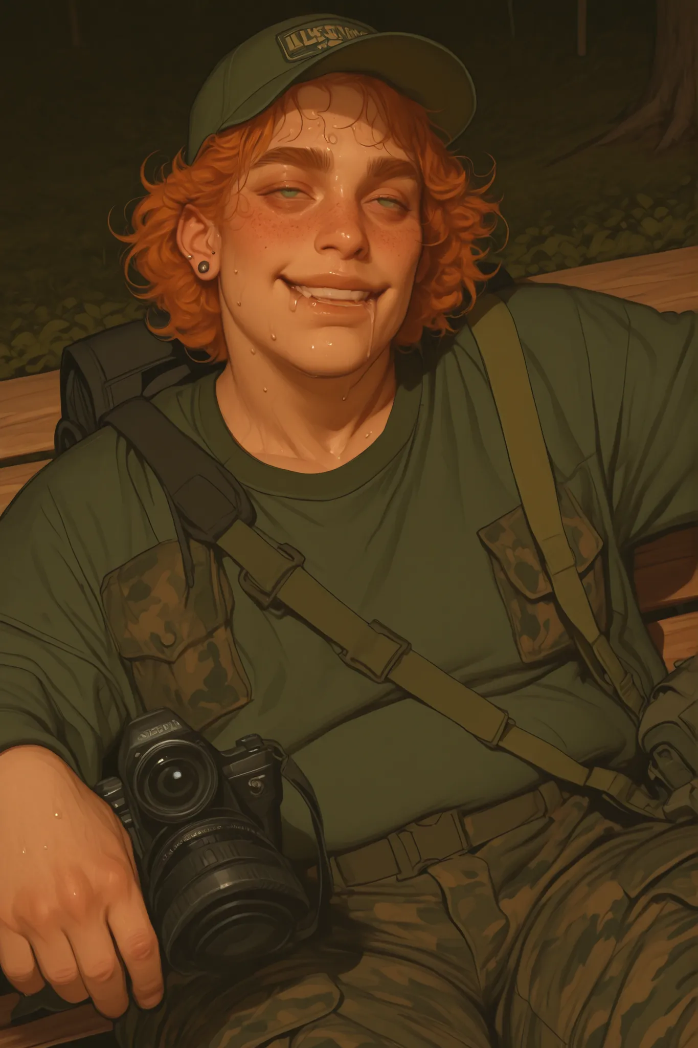 2d semi realistic image of a Chubby plus size, fat, short young adult man with soft chest and wide hips, chubby and plus size. Wearing green baseball cap with shoulder length curly messy ginger hair, thick ginger eyebrows, unibrows, wearing a dark green sw...