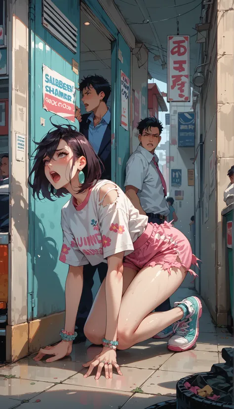 rape, Momose Momo is on all fours in a garbage dump, she is being raped by two homeless tramps in old torn clothes, , loud onomatopoeic speech, sunny summer day, side view full length