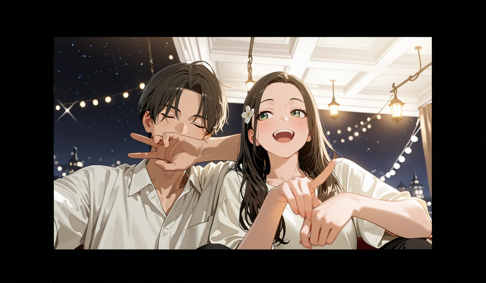 Anime drawing of a Couple, they are seated closely under a canopy adorned with string lights that create a festive and warm ambiance. The background features a contrast between the glowing lights and the dark night sky, adding a dreamy effect to the scene....