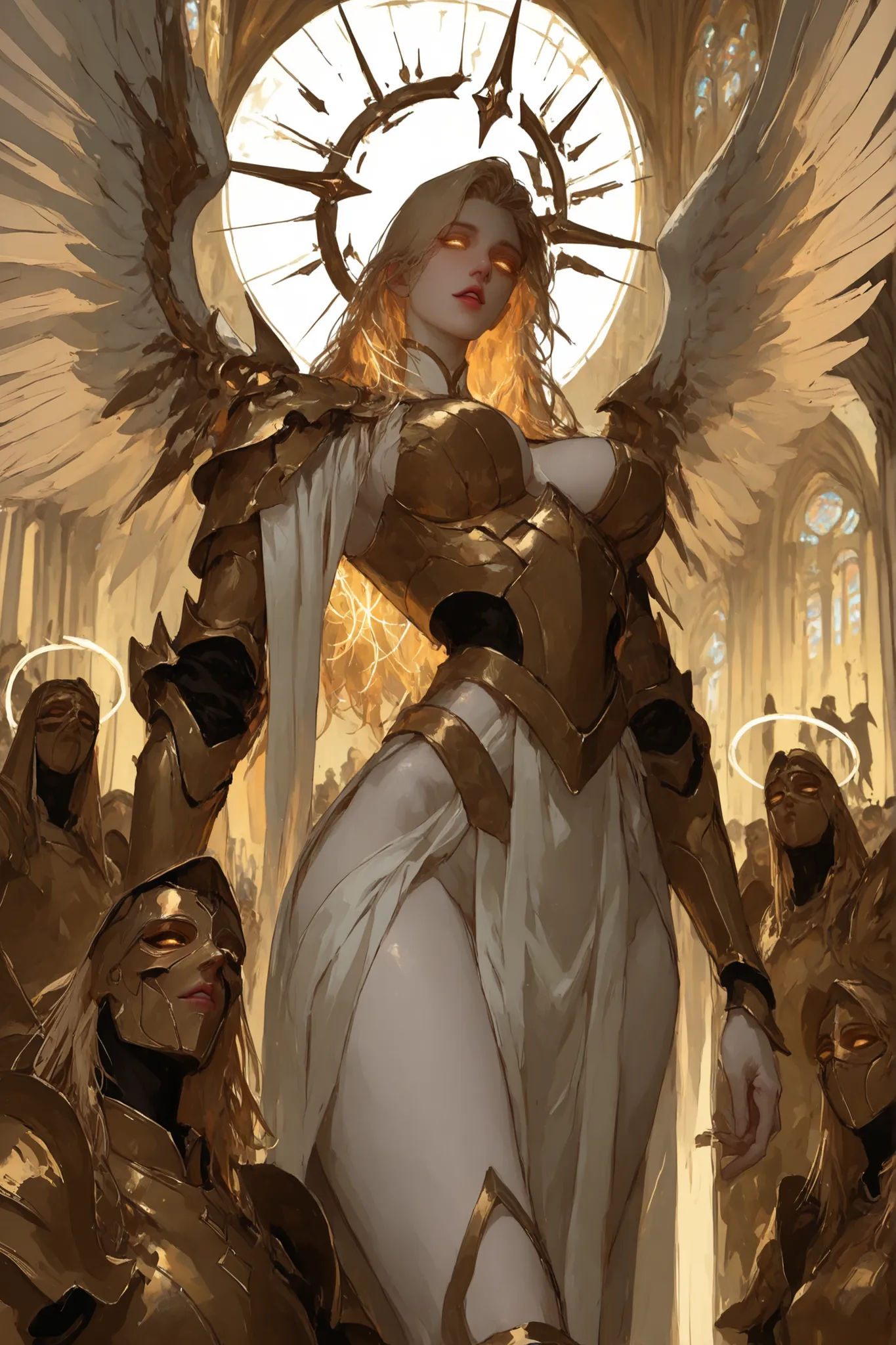 solo focus, female, huge woman, very tall, long silky blonde hair, partial mask, iron framing a beautiful face, gold eyes, glowing eyes, armor, baroque metal, armor, fluted, esoteric design, holy, gentle smile, white wings, large breasts, angel, pale skin,...
