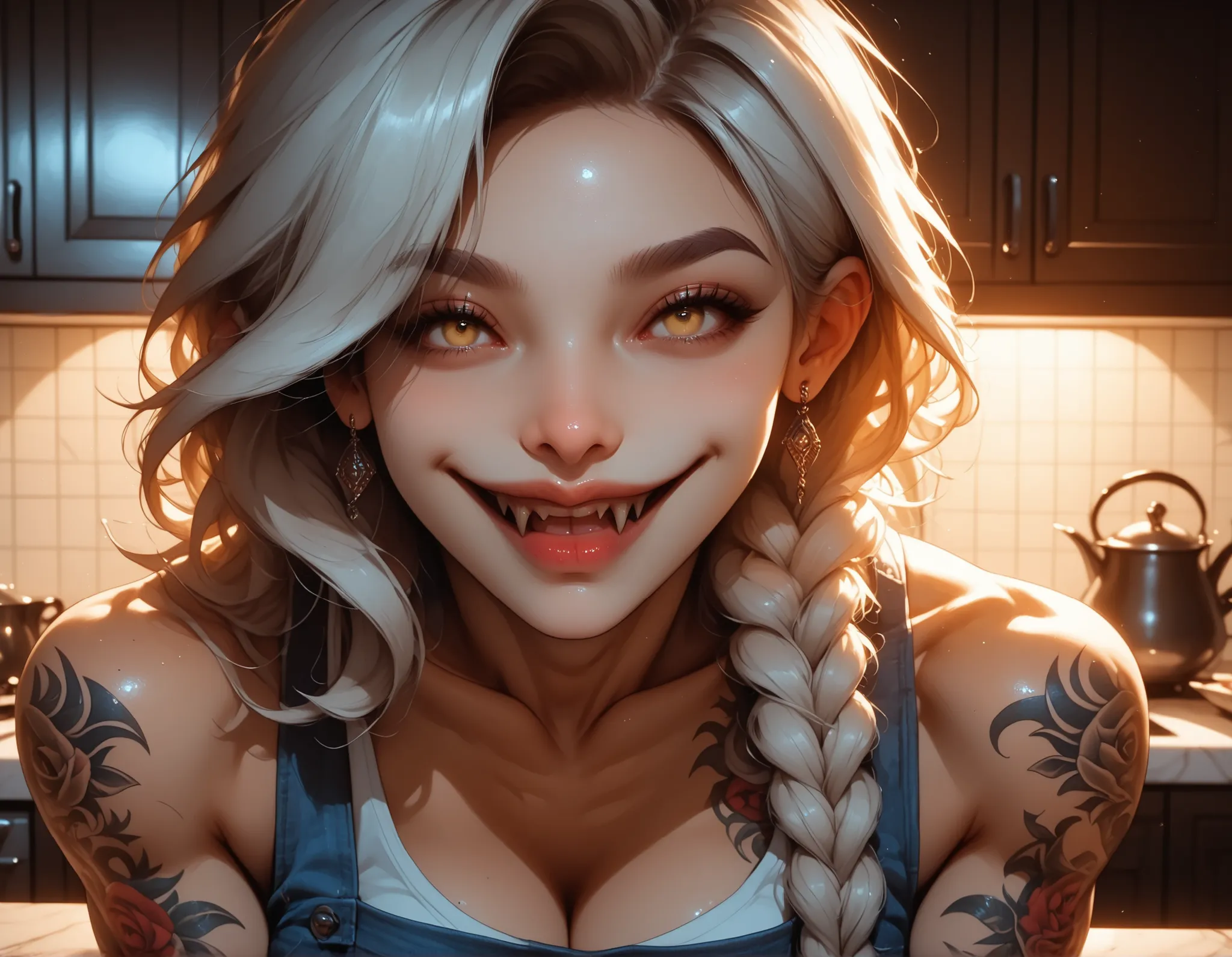 kitchen_interior, warm_tones, soft_texture, 1girl, solo, white_hair, long_hair, braid, yellow_eyes, fangs, large_breasts, muscular_female, chest_tattoo, arm_tattoo, neck_tattoo, apron, tank_top, jeans, smiling, happy, side_view, (detailed_face:1.3), (sharp...
