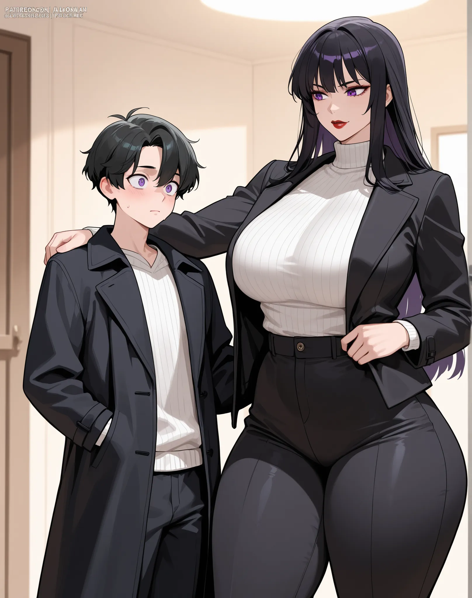 1boy1girl, 1 woman, Purple eyes, Almond-Shaped eyes, long black pants, black black Coat, unbuttoned Coat , neck height sweater, raven hair, long hair, black hair, red lips, Tall, thick thighs, big breasts, mature face, Big sister's vibes, 1 boy, male Behi...