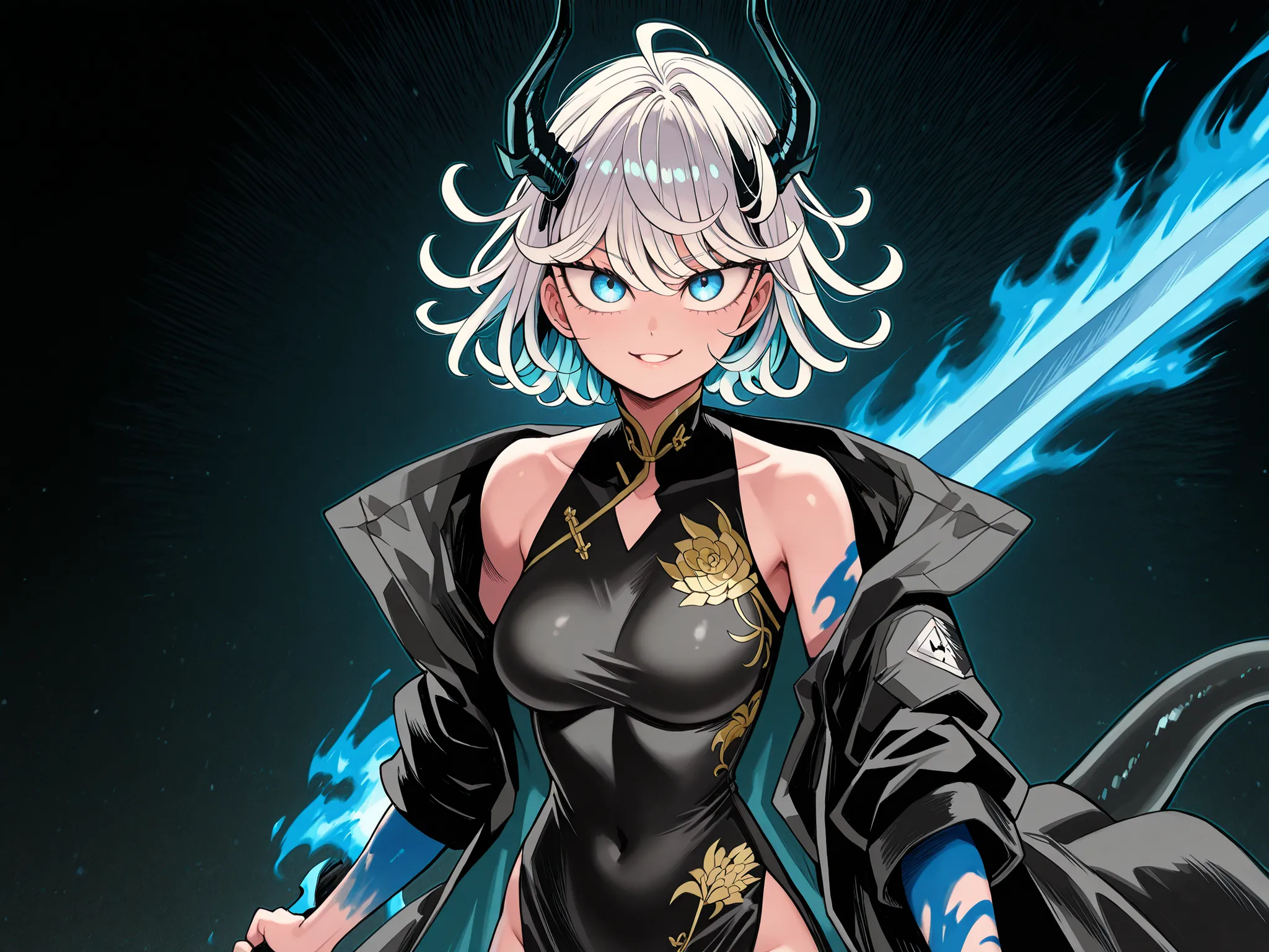 alone, 1 girl, and Short and petite Character, Short Character, Short Character, Character 1.50 meters tall, and Short and young Character, Character;

white hair, the Character's hairstyle must be the same as Tatsukami from "One Punch-man", loose hair, bl...