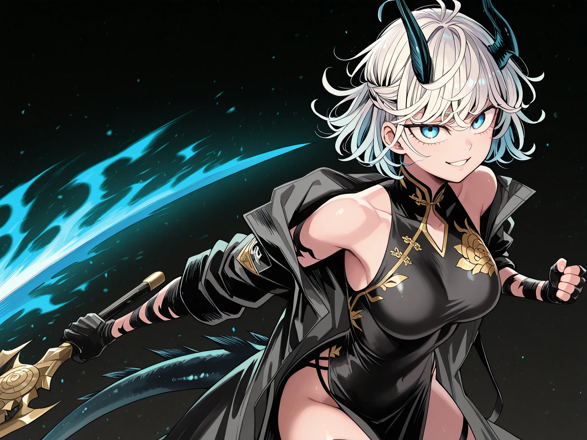 alone, 1 girl, and Short and petite Character, Short Character, Short Character, Character 1.50 meters tall, and Short and young Character, Character;

white hair, hairstyle as Tatsukami from "One Punch-man", loose hair, black horns like Reed The Flame Sha...