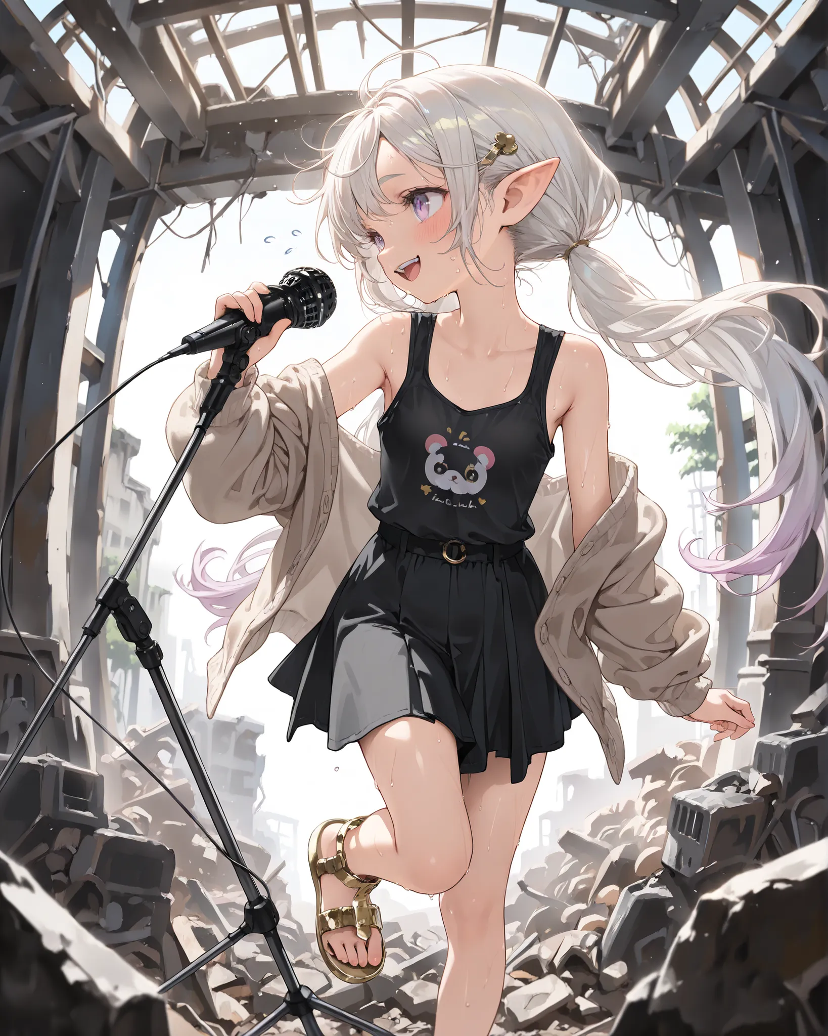 ((Masterpiece)), ((best quality, very aesthetic, absurdres, newest)), (fisheye, profile), (8K), (cinematic lighting), ((1girl)), (cute young girl), (Healthy body, Textured skin, small breast, tilt head), elf ears, Glossy unruly hair, (platinum-gold hair, g...
