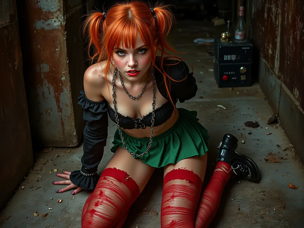 hot  girl, chained, (orgasm face), pale skin, on knees, looking at viewer, expression biting lower lip, ((very tight green short skirt)), (ruffled top), (red ripped stockings), (skater shoes), (gothic sleeves), orange hair, twintails, messy hair, sexy red lips, goth makeup, small waist, wide hips, muscled thighs, ((thick thighs)), detailed eyes, haughty, high angle view, shiny skin, sweaty, basement dungeon