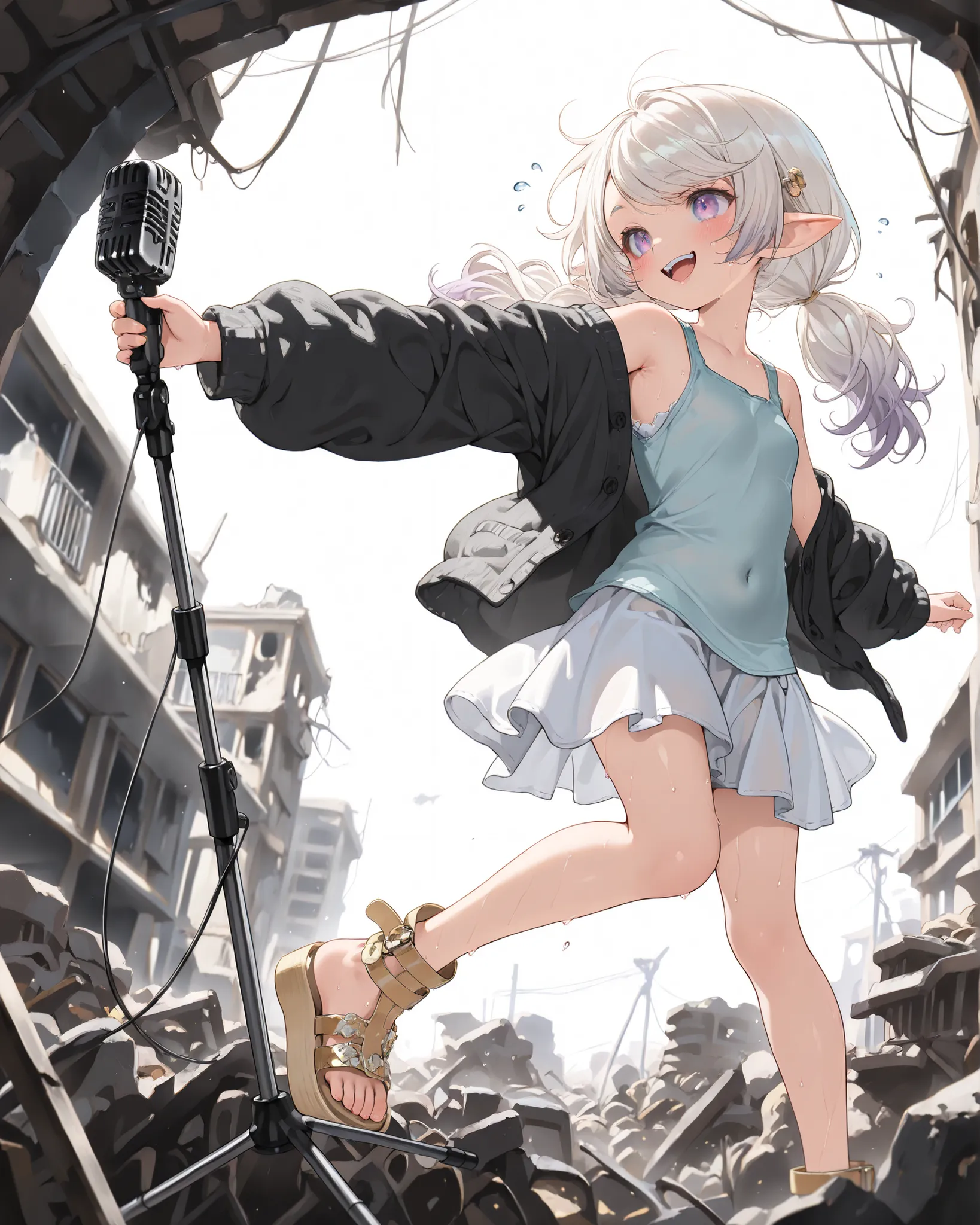 ((Masterpiece)), ((best quality, very aesthetic, absurdres, newest)), (fisheye, profile), (8K), (cinematic lighting), ((1girl)), (cute young girl), (Healthy body, Textured skin, small breast, tilt head), elf ears, Glossy unruly hair, (platinum-gold hair, g...