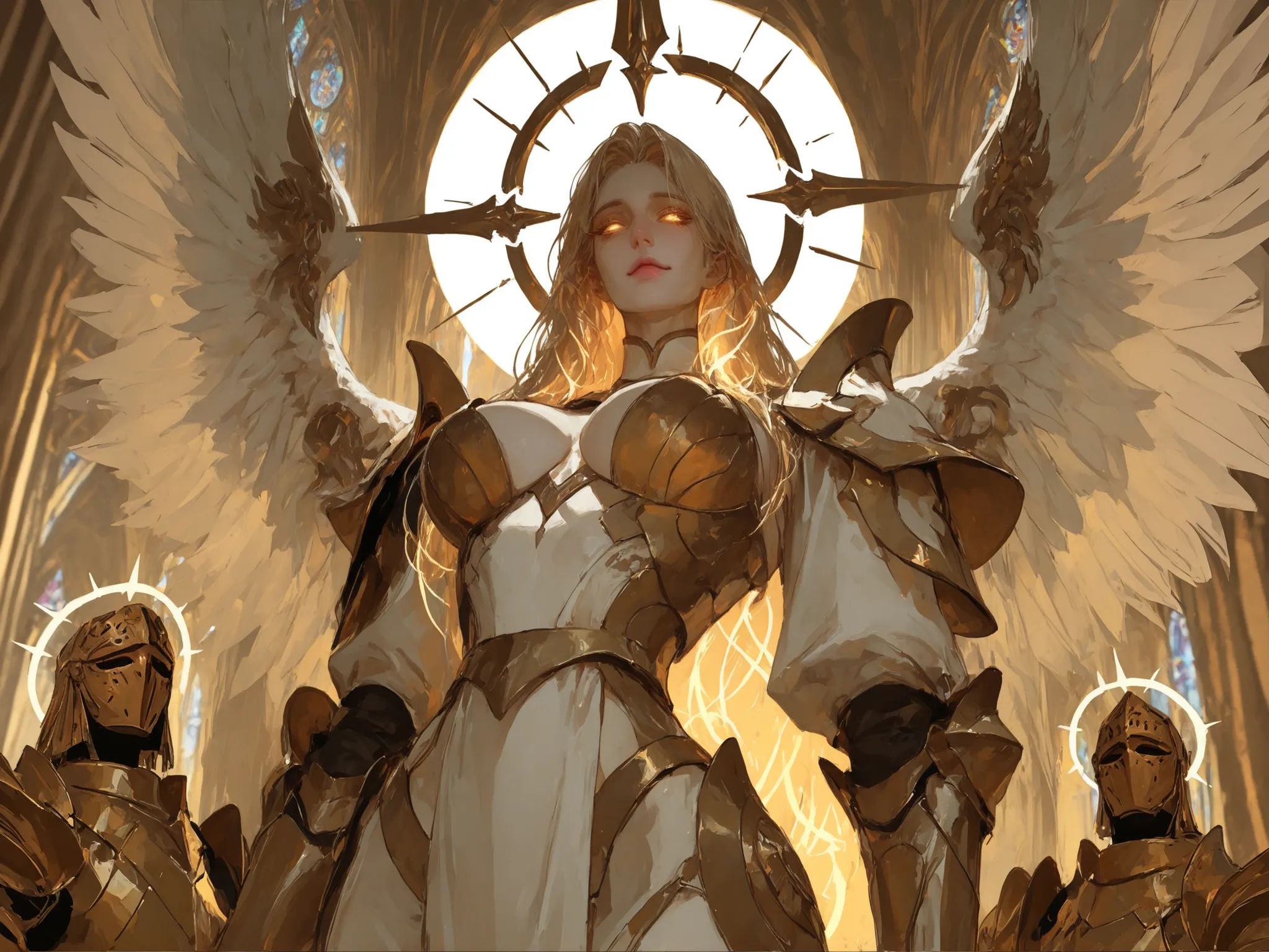female, huge woman, very tall, long silky blonde hair, partial mask, iron framing a beautiful face, gold eyes, glowing eyes, armor, baroque metal, armor, fluted, esoteric design, holy, gentle smile, white wings, large breasts, angel, pale skin, glowing hal...