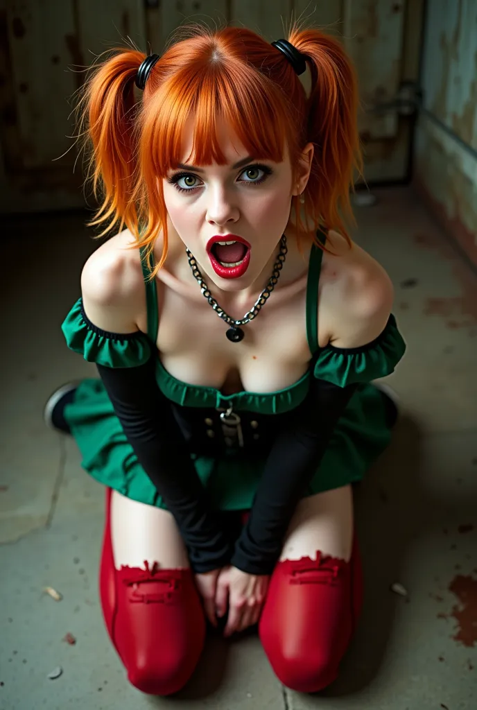 hot  girl, chained, (orgasm face), pale skin, on knees, looking at viewer, expression biting lower lip, ((very tight green short skirt)), (ruffled top), (red ripped stockings), (skater shoes), (gothic sleeves), orange hair, twintails, messy hair, sexy red lips, goth makeup, small waist, wide hips, muscled thighs, ((thick thighs)), detailed eyes, haughty, high angle view, shiny skin, sweaty, basement dungeon