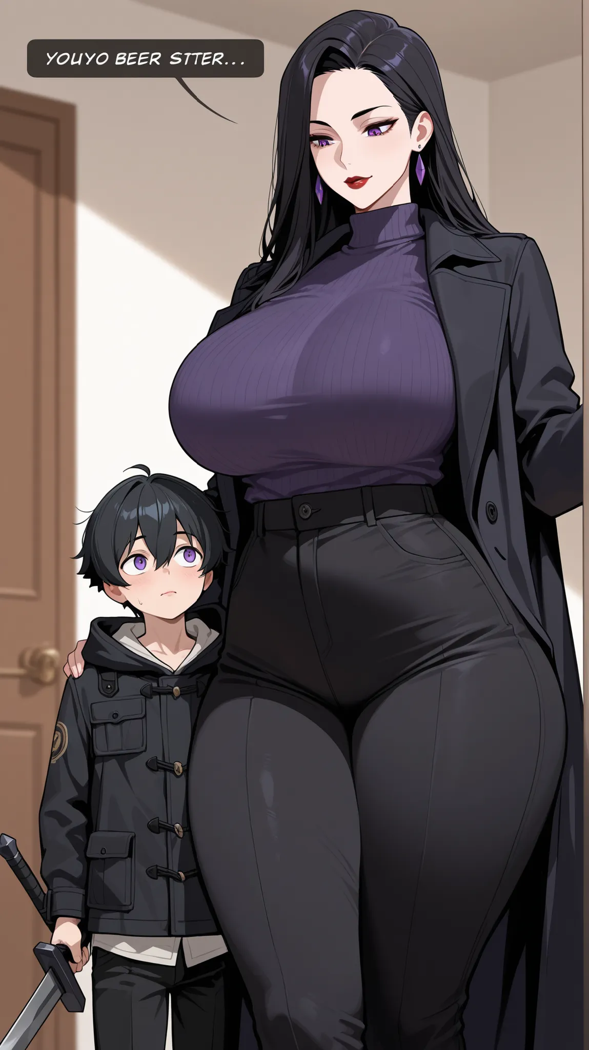 1boy1girl, 1 woman, Purple eyes, Almond-Shaped eyes, long black pants, black black Coat, unbuttoned Coat , neck height sweater, raven hair, long hair, black hair, red lips, Tall, thick thighs, big breasts, mature face, Big sister's vibes, 1 boy, male Behi...