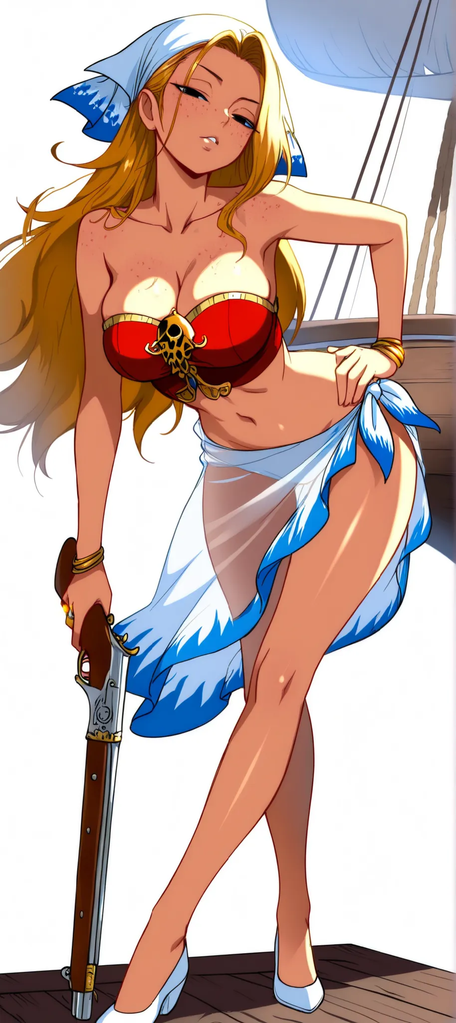 masterpiece, best quality, newest, absurdres, highres, seductive woman, (pirate woman, american woman, adult woman), golden ring wristbands, long blonde hair, straight hair, freckles, shiny hair, oily hair, (windy hair), oily skin, fair skin, freckles, shi...