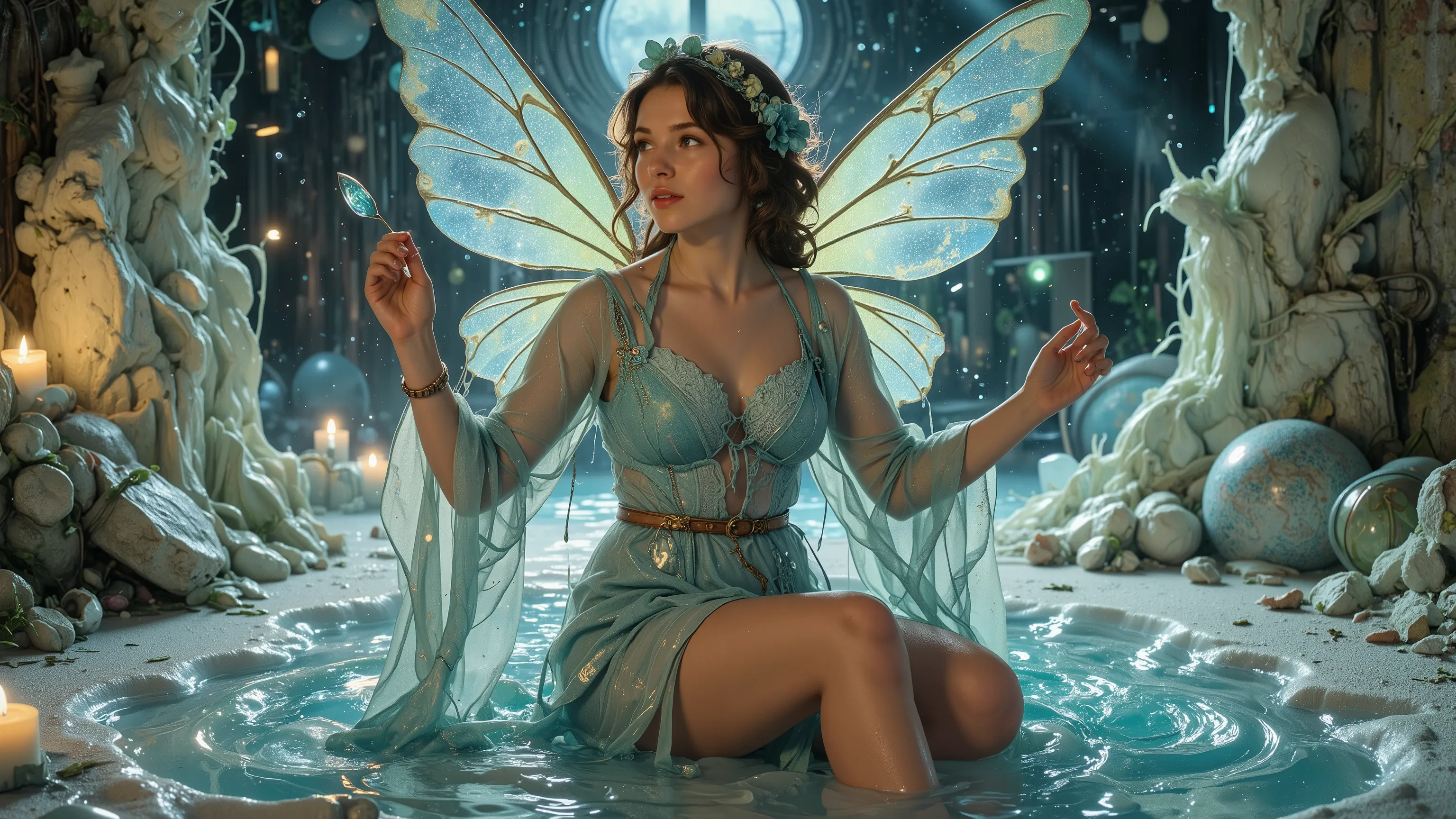 A beautiful mystical fairy in a Kinetic Sand Temporal Flux style, where the passage of time is captured in the fluidity of sculpted sand. Fleeting shapes are illuminated by hints of blue and yellow, with a delicate interplay of light and shadow emphasising...