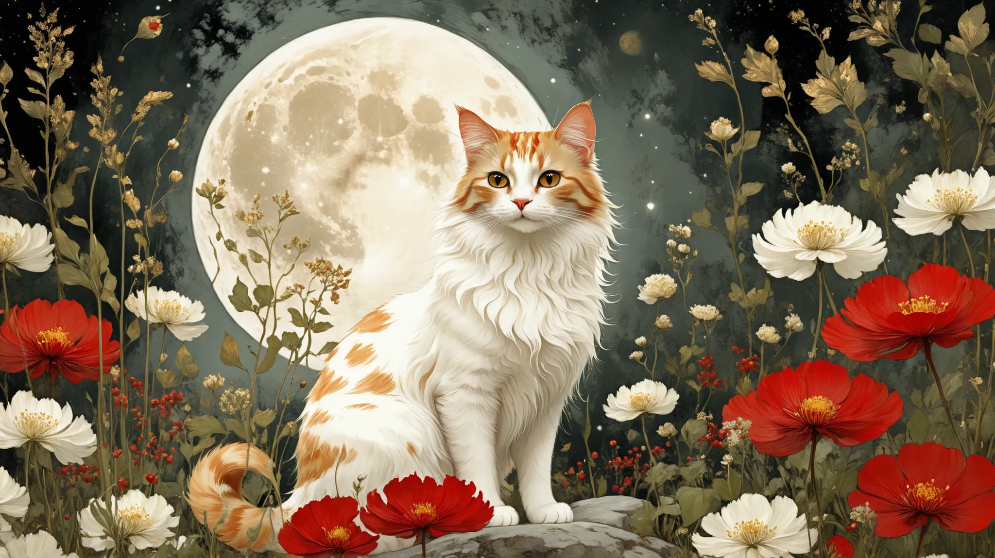 novuschroma style Fluffy magic full body cat fantasy illustration in Novuschroma style in a enchanted garden with full moon in August Mucha style as background, patterns, color palette white red and gold