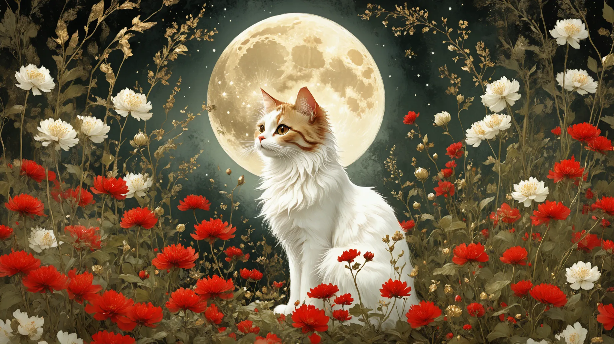 novuschroma style Fluffy magic full body cat fantasy illustration in Novuschroma style in a enchanted garden with full moon in August Mucha style as background, patterns, color palette white red and gold
