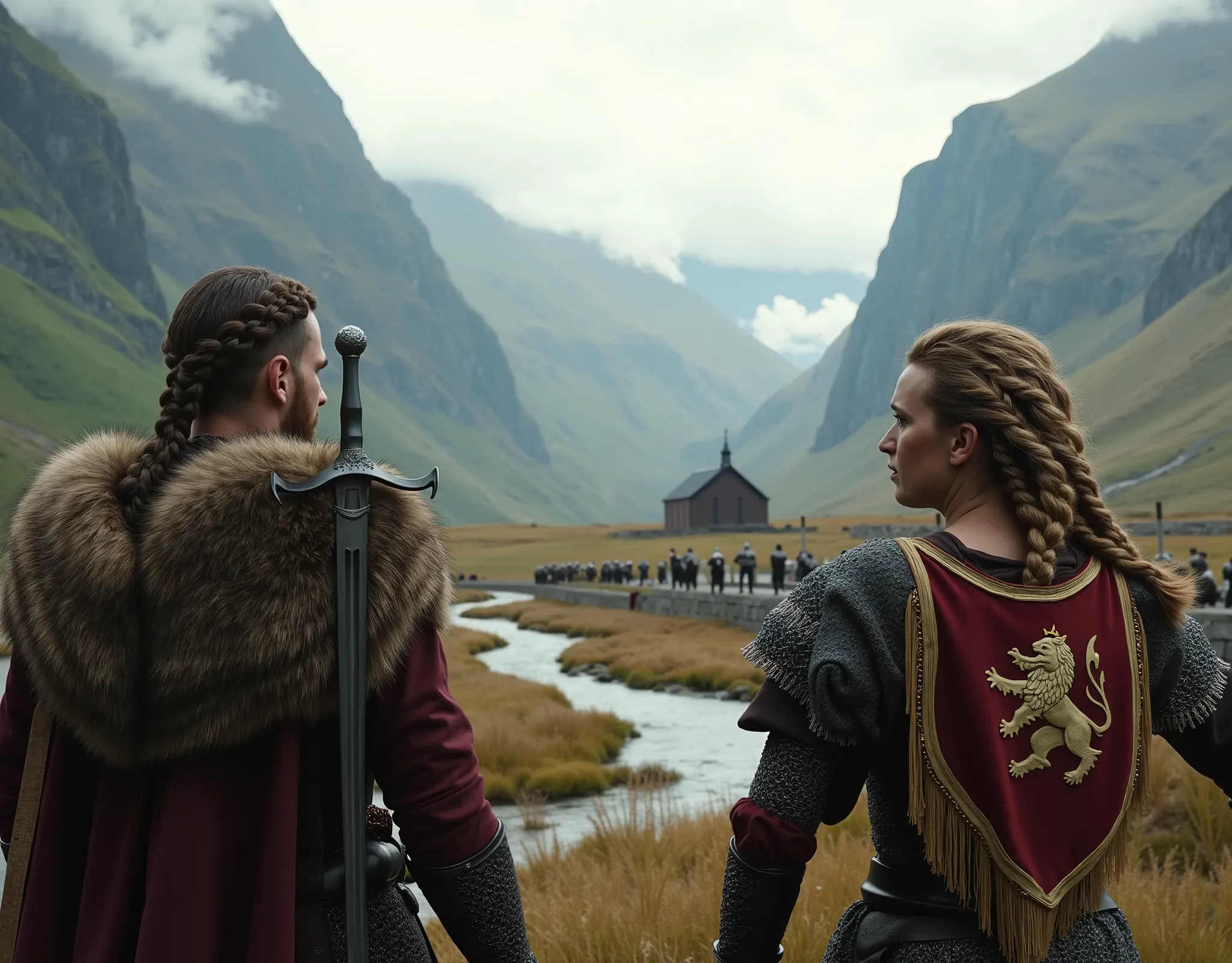 Steep and dramatic mountains are towering in the background and are slightly obfuscated by low clouds as dawn breaks and sunrays pierce through the cloud cover. A stream snakes its way down the fjord valley, revealing an ornate stave-church on the far rive...