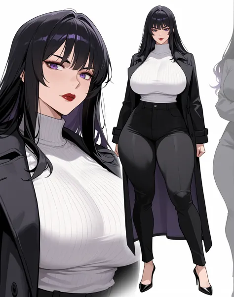  1 woman, Purple eyes, Almond-Shaped eyes, long black pants, black black Coat, unbuttoned Coat , neck height sweater, raven hair, long hair, black hair, red lips, Tall, thick thighs, big breasts, mature face, Big sister's vibes, Multiple Views, High heels