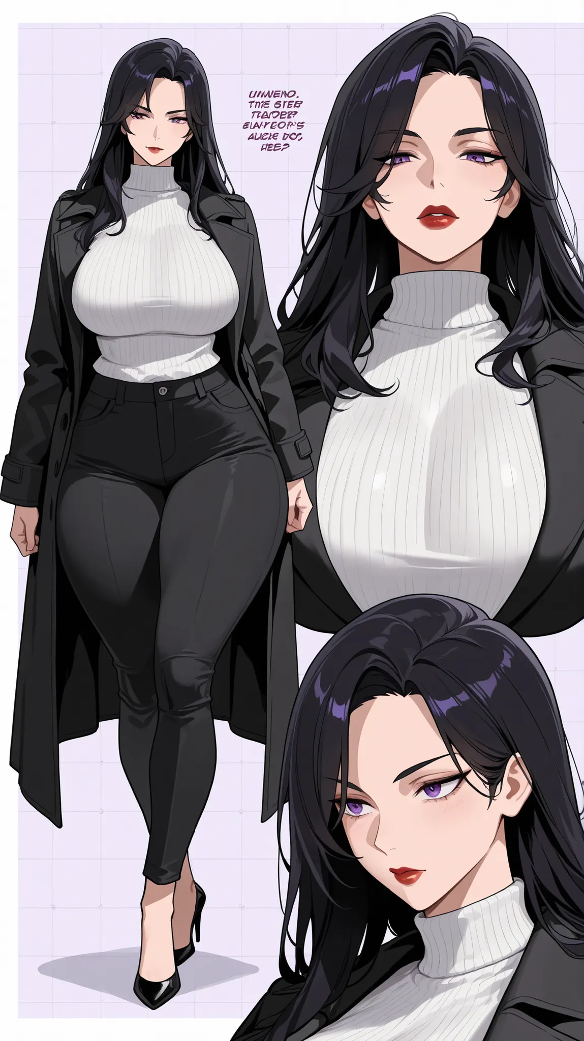 1 woman, Purple eyes, Almond-Shaped eyes, long black pants, black black Coat, unbuttoned Coat , neck height sweater, raven hair, long hair, black hair, red lips, Tall, thick thighs, big breasts, mature face, Big sister's vibes, Multiple Views, High heels