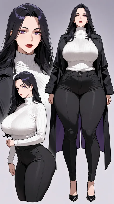  1 woman, Purple eyes, Almond-Shaped eyes, long black pants, black black Coat, unbuttoned Coat , neck height sweater, raven hair, long hair, black hair, red lips, Tall, thick thighs, big breasts, mature face, Big sister's vibes, Multiple Views, High heels
