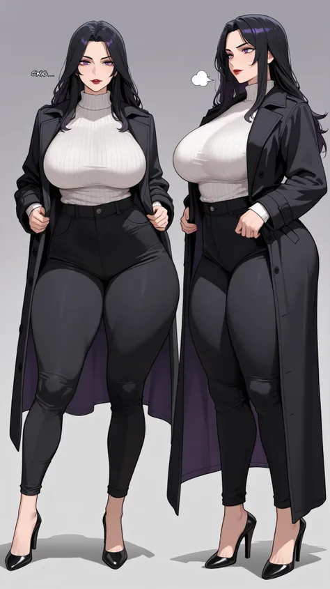  1 woman, Purple eyes, Almond-Shaped eyes, long black pants, black black Coat, unbuttoned Coat , neck height sweater, raven hair, long hair, black hair, red lips, Tall, thick thighs, big breasts, mature face, Big sister's vibes, Multiple Views, High heels