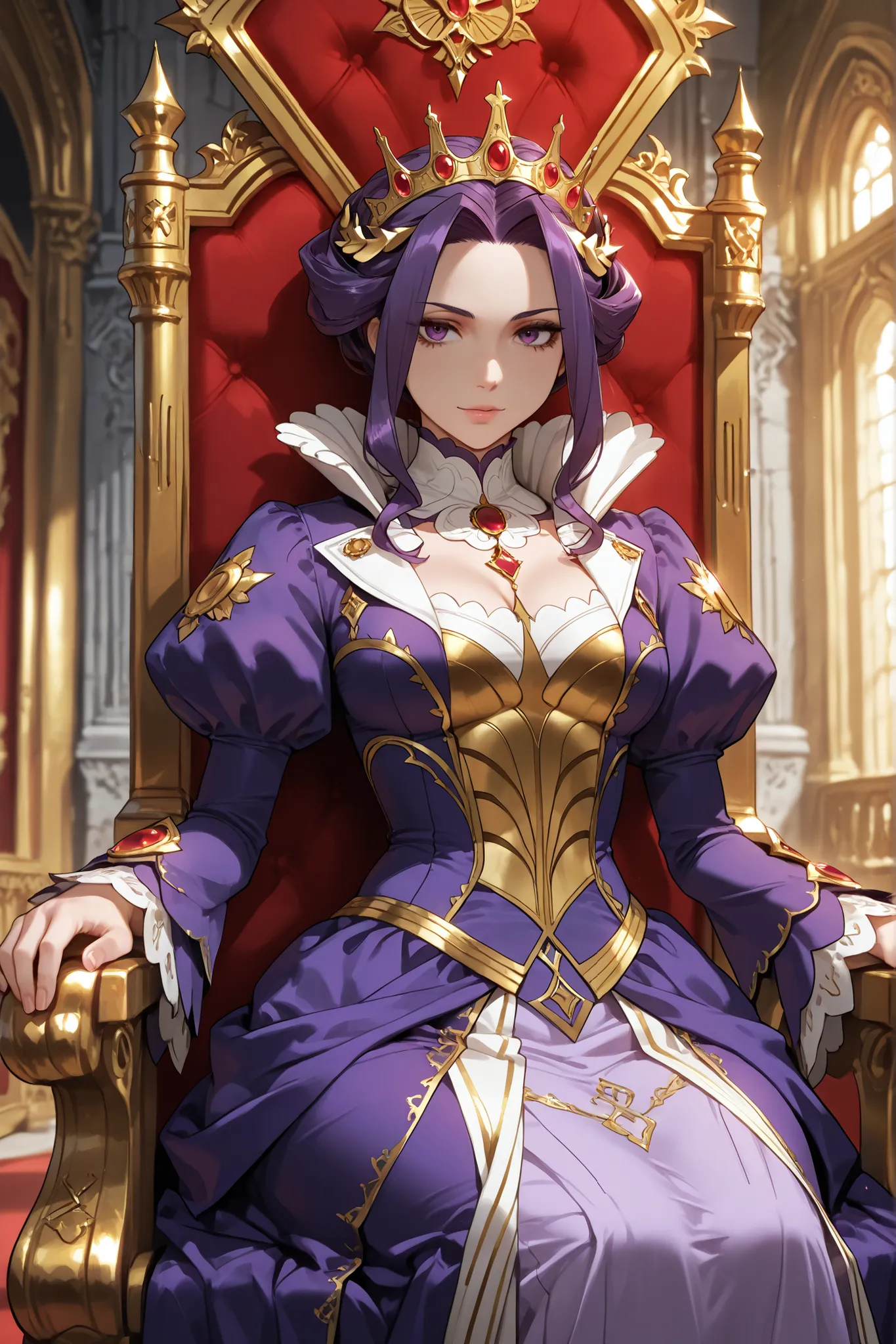 1girl, Mirelia Melromarc, purple hair, purple eyes, crown, purple dress, gold details, long sleeves, royal dress, high collar, puffy sleeves, castle, throne room, sitting on the throne, looking at the viewer, gentle smile, sensual, seductive, masterpiece, ...