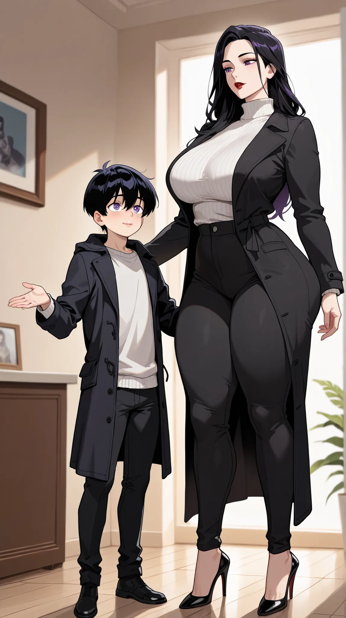 1boy1girl, Purple eyes, Almond-Shaped eyes, long black pants, black black Coat, unbuttoned Coat , neck height sweater, raven hair, long hair, black hair, red lips, Tall, thick thighs, big breasts, mature face, mother's vibes,, High heels, 1 boy, Mother so...