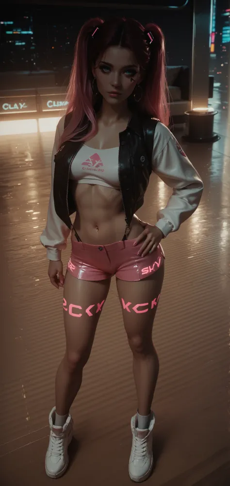 Beautiful girl, sexy figure, against the background of a cyberpunk city, neon and blue-pink rays