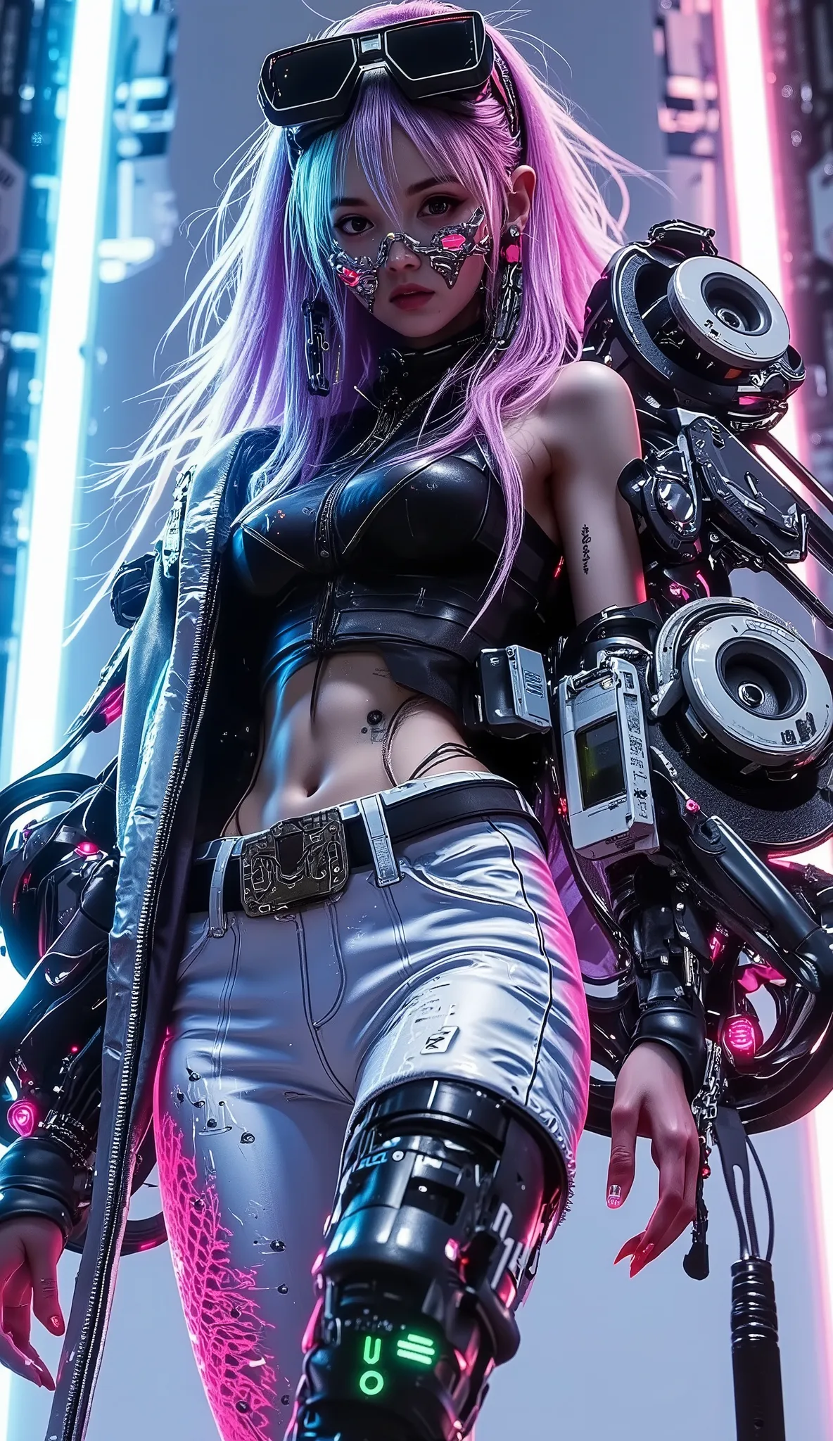 High Quality,4K,Extremely detailed,Realistic,as realistic as a photo,HDR, professional ,Vivid,The scene deepened Realistic female half-body portrait,A woman poses in a laser mesh hem pose,She wears tights made of tape reels and transparent vinyl,Belted buc...