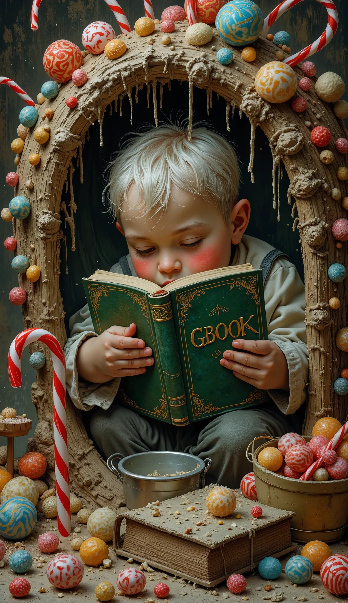
An ugly old witch is making a house out of cakes and candies. There are candy canes and cakes everywhere. A  is helplessly carrying a bucket of water. A little fat boy is reading a green-covered book in a cage. On the cover of the book, which is embroider...