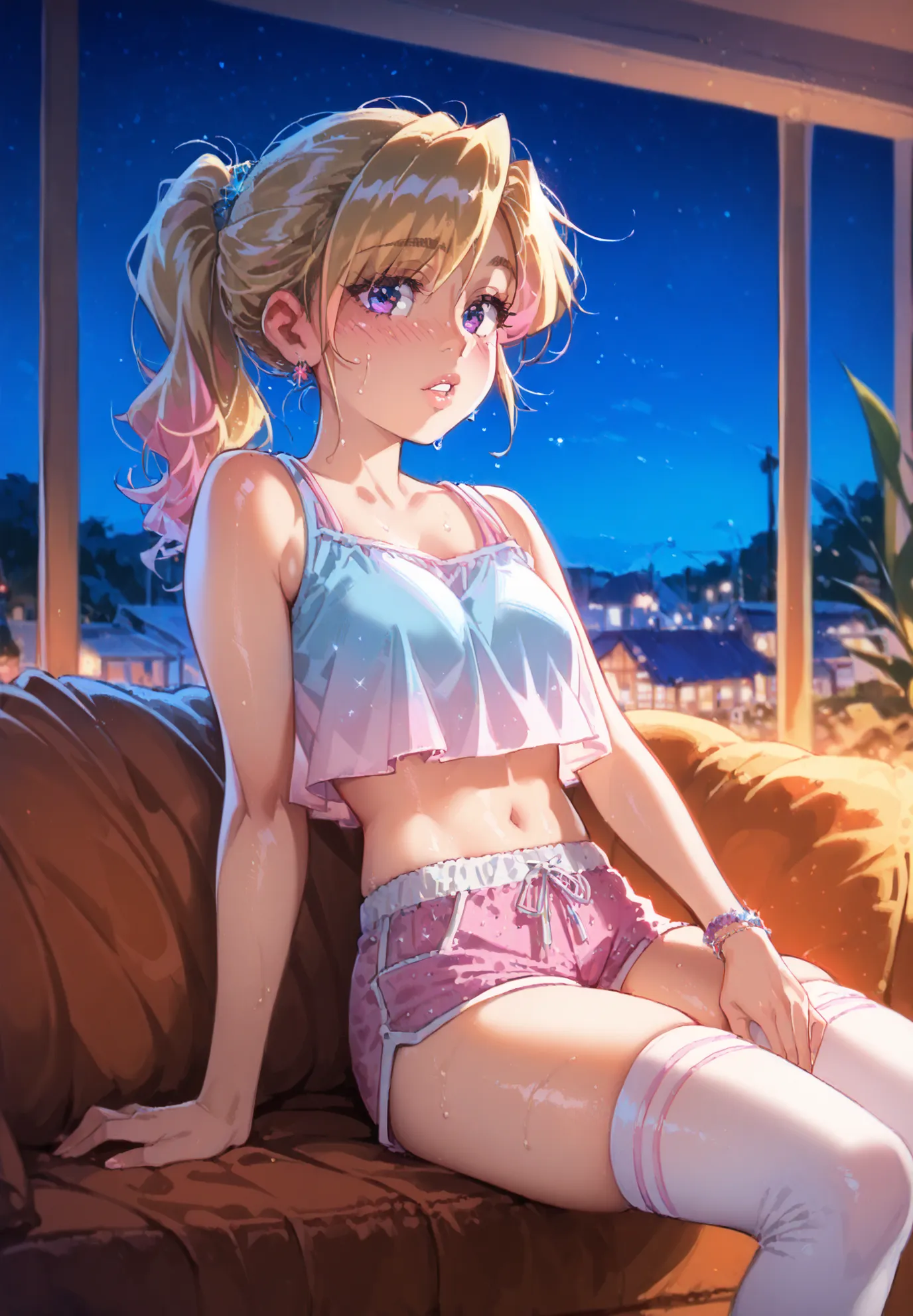 Made by melkor mancin,1girl, solo, Riley Andersen, Inside Out, parted lips, sweaty,blonde ponytail hair with pink highlights, thigh highs,silk shorts, crop top,sitting on a sofa, sexy pose, alluring atmosphere,night time, seaside town, beautiful lighting a...
