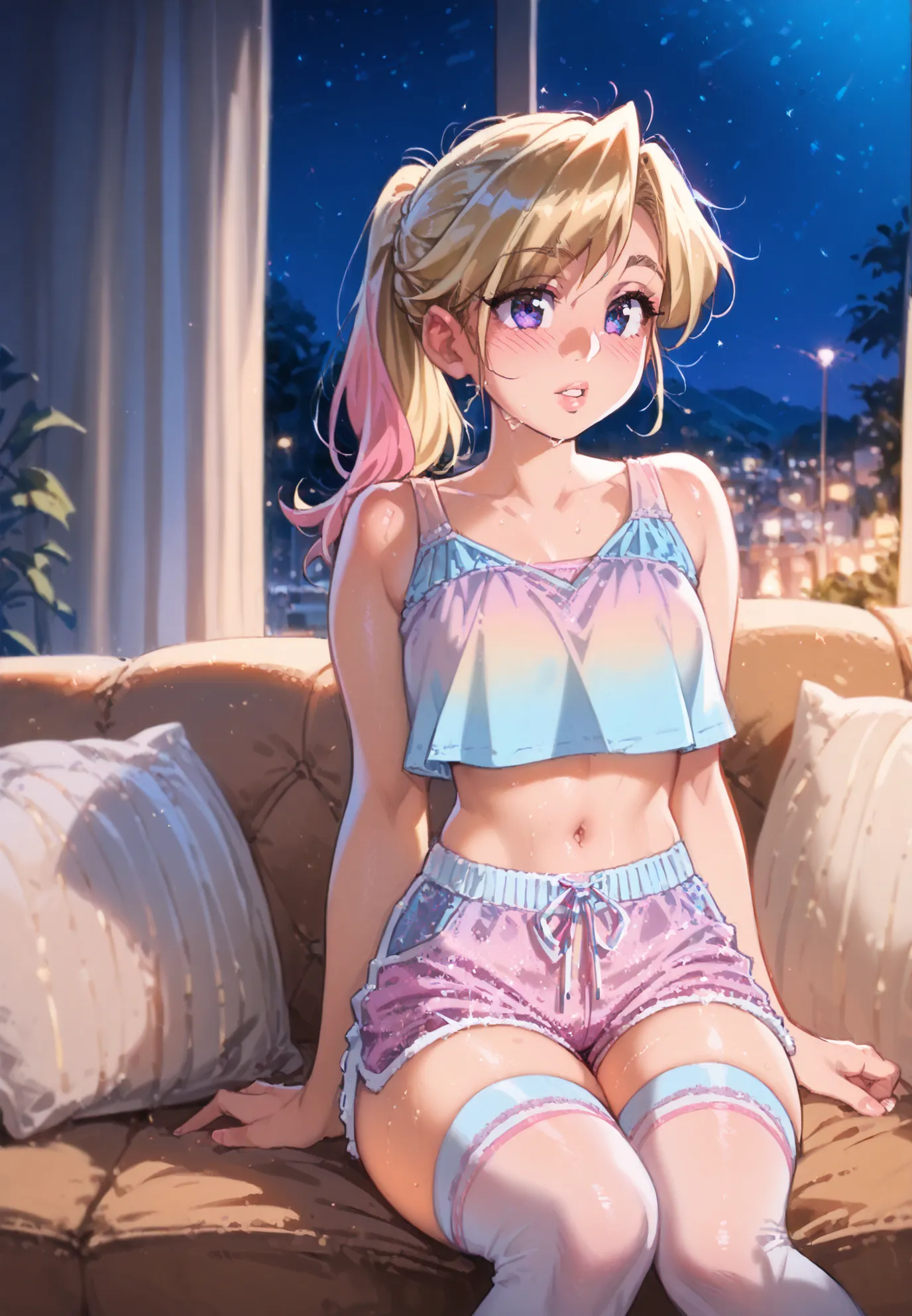 Made by melkor mancin,1girl, solo, Riley Andersen, Inside Out, parted lips, sweaty,blonde ponytail hair with pink highlights, thigh highs,silk shorts, crop top,sitting on a sofa, sexy pose, alluring atmosphere,night time, seaside town, beautiful lighting a...