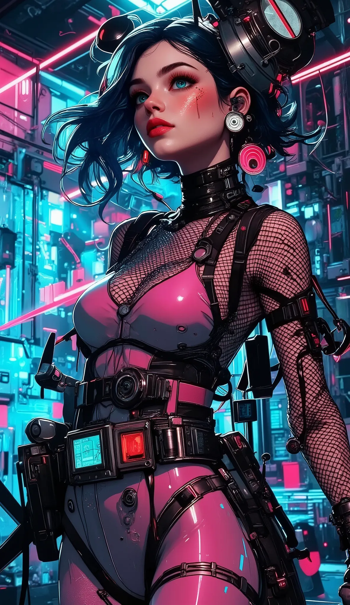 High Quality,4K,Extremely detailed,Realistic,as realistic as a photo,HDR, professional ,Vivid,The scene deepened Realistic female half-body portrait,A woman poses in a laser mesh hem pose,She wears tights made of tape reels and transparent vinyl,Belted buc...