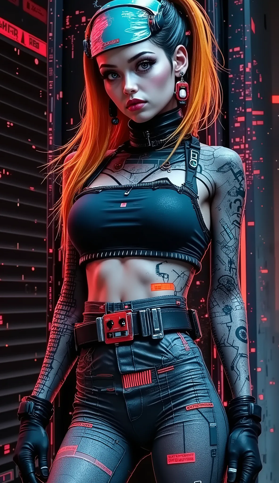 High Quality,4K,Extremely detailed,Realistic,as realistic as a photo,HDR, professional ,Vivid,The scene deepened Realistic female half-body portrait,A woman poses in a laser mesh hem pose,She wears tights made of tape reels and transparent vinyl,Belted buc...