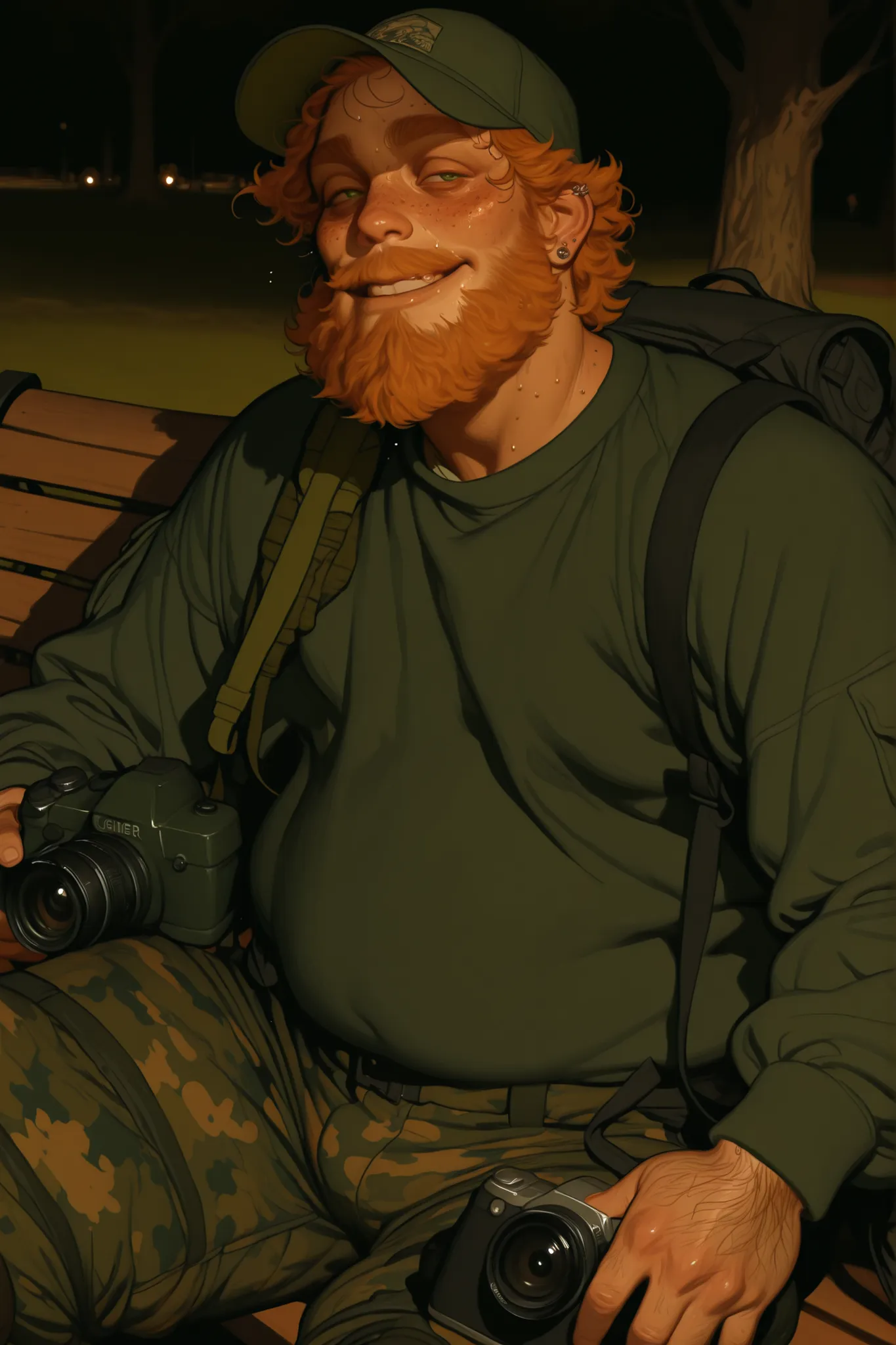 2d semi realistic image of a Chubby plus size, fat, short young adult man with soft chest and wide hips, chubby and plus size. Wearing green baseball cap with shoulder length curly messy ginger hair, thick ginger unibrow, hairy, ginger scruffy short beard,...