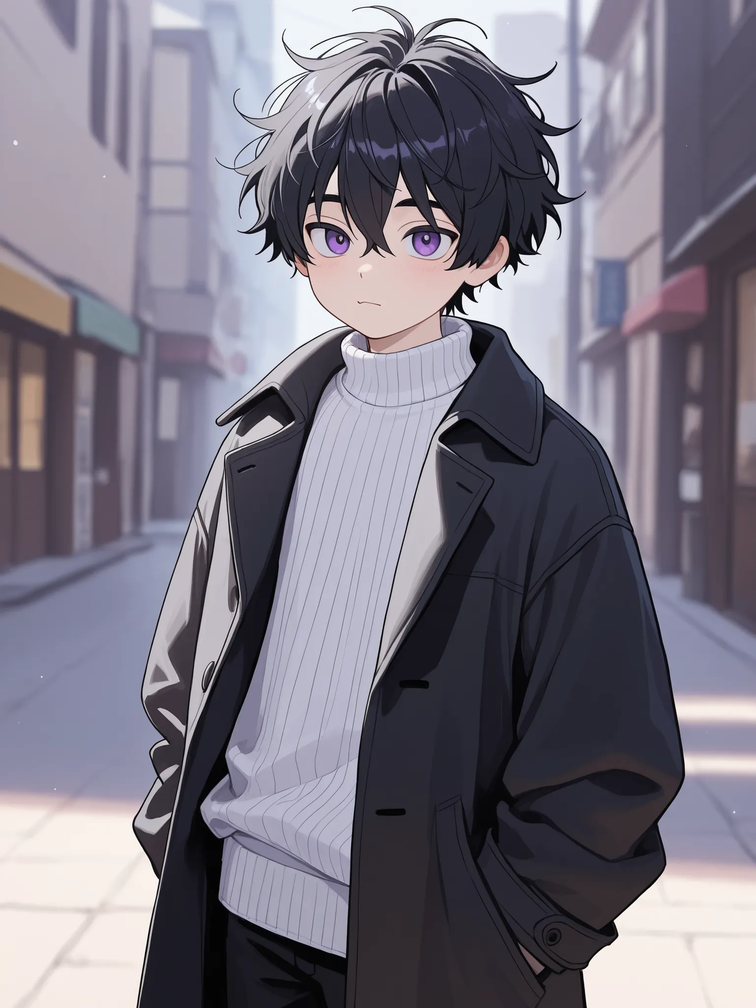 1boy, Purple eyes, Almond-Shaped eyes, long black pants, black black Coat, unbuttoned Coat , neck height sweater, black hair, Messy hair, black hair, short, cute face, feminine boy, shota, chidih face
