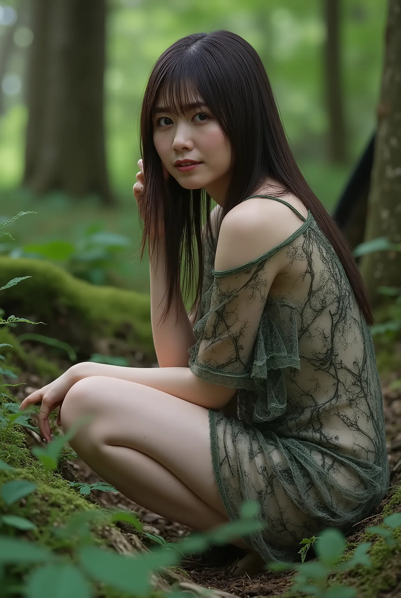 Left Shoulder Dress 、 transparent、with a sense of transparency、clavicle、 thighs、 in the woods、solo camp with crotch in between、crouching