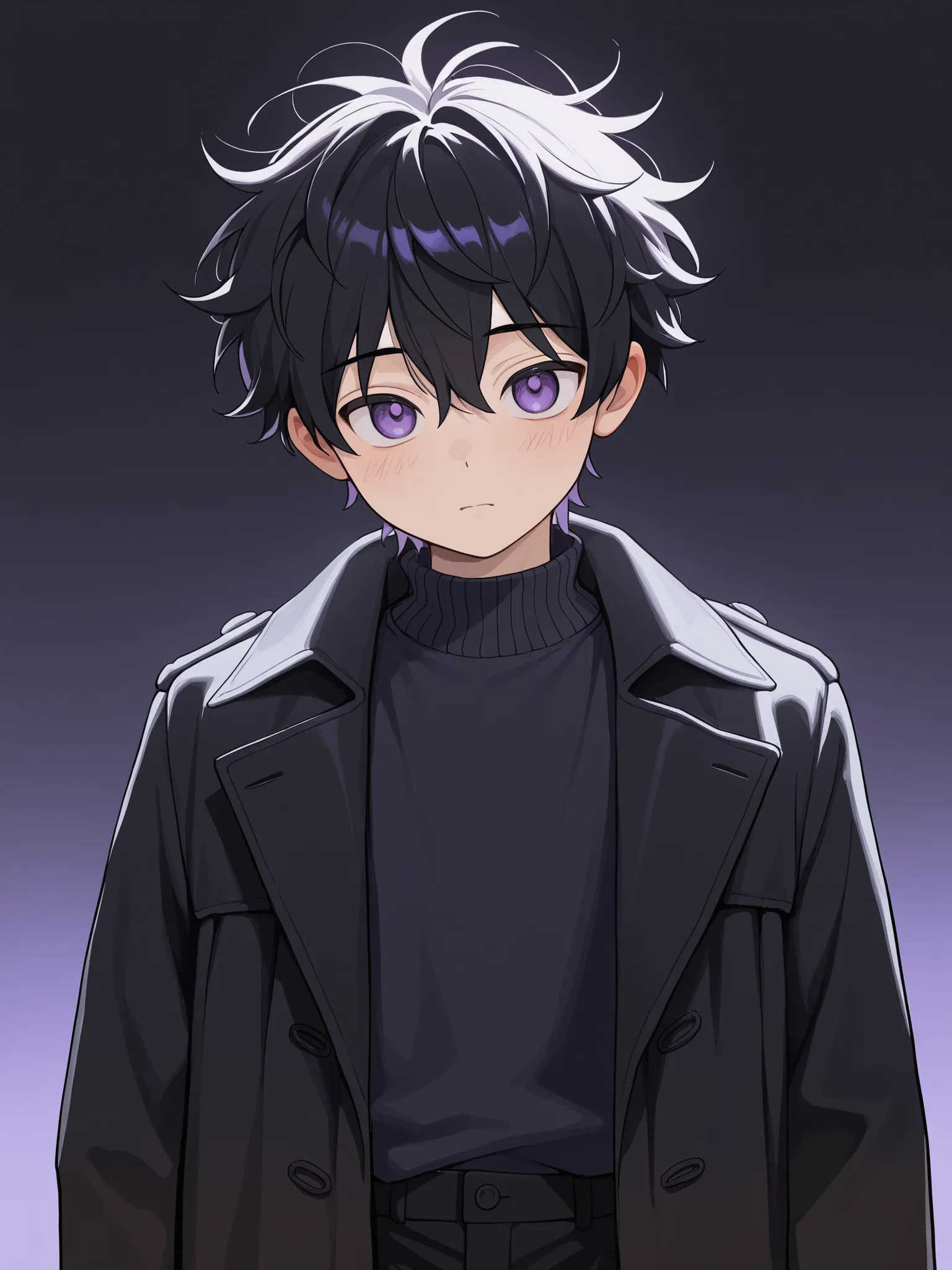 1boy, Purple eyes, Almond-Shaped eyes, long black pants, black black Coat, unbuttoned Coat , neck height sweater, black hair, Messy hair, black hair, short, cute face, feminine boy, shota, chidih face