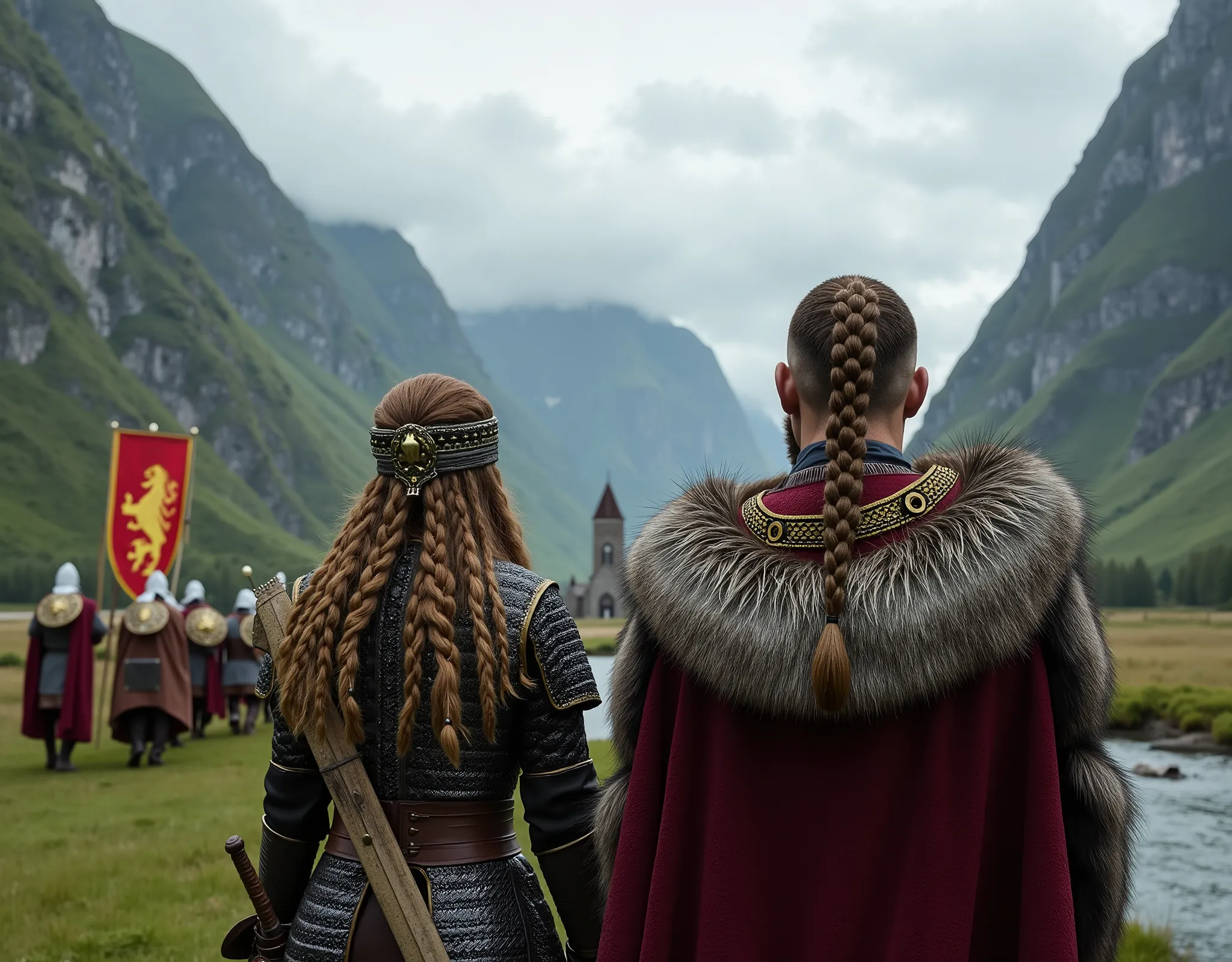 Steep and dramatic mountains are towering in the background and are slightly obfuscated by low clouds as dawn breaks and sunrays pierce through the cloud cover. A stream snakes its way down the fjord valley, revealing an ornate stave-church on the far rive...