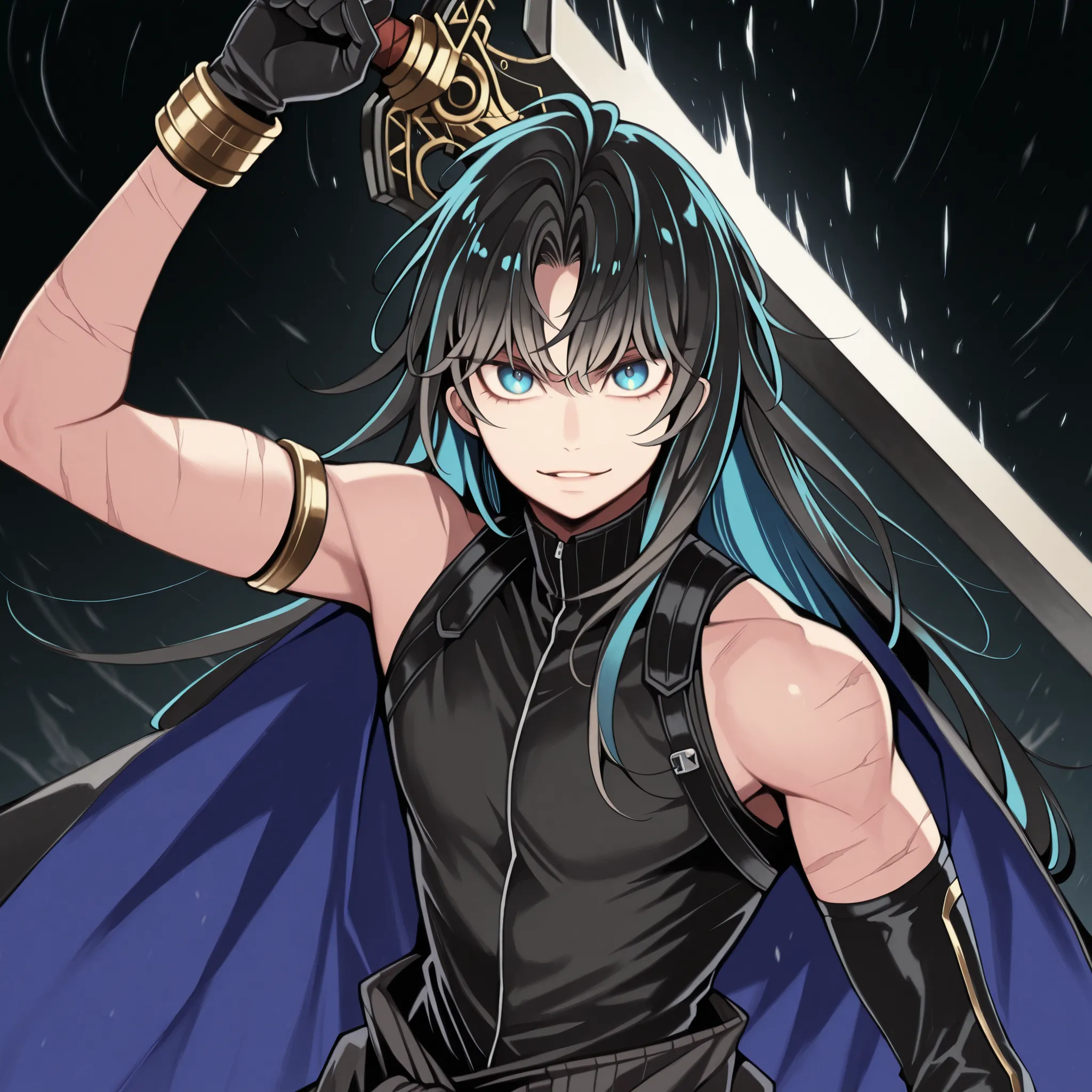 Solo, 1 boy, body and face like Hill in "Lilith's Cord",  ager;

Black hair (inner part of hair should be blue), character's hairstyle should be the same as Cloud's in "Final Fantasy VII" (Juder's Art Style);

Character's face should be the same as Hill's ...
