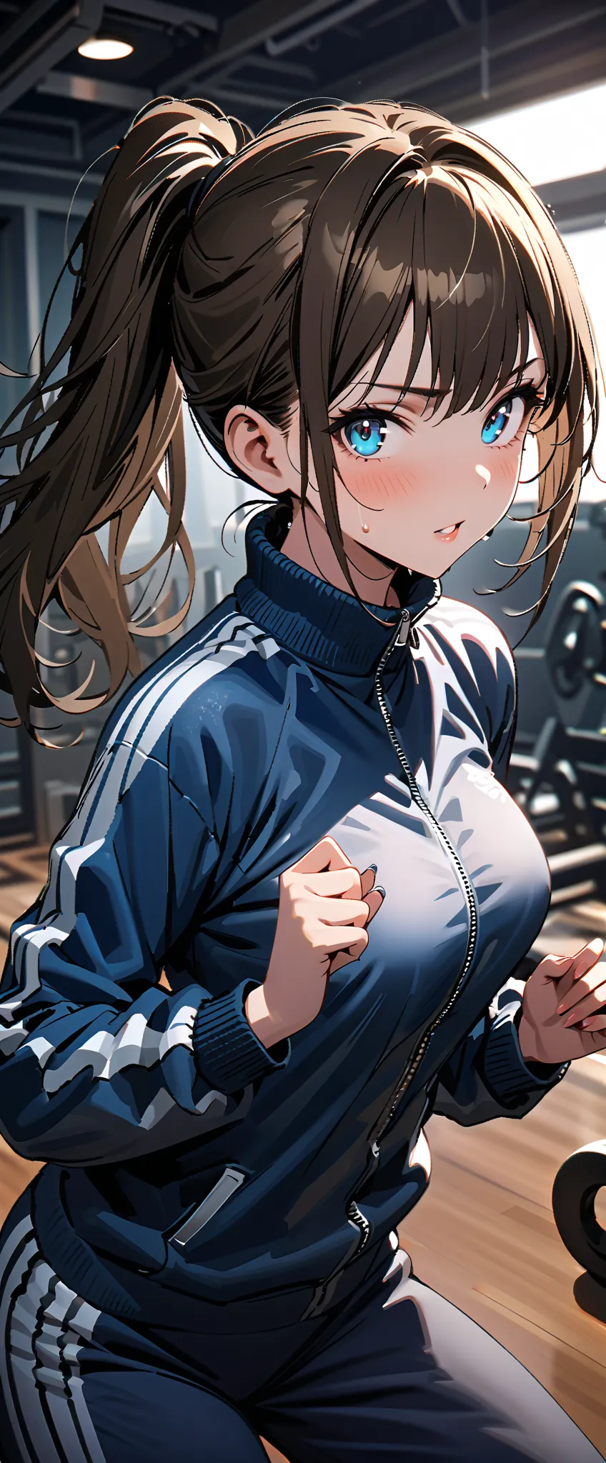 (((graphite))),(beautiful girl: 1.3),1girl,masterpiece, Highest quality, Ultra-high resolution,rich contrast,super high quality,8k,Highly detailed CG unit wallpaper,texture,Incredibly absurd,Ultra-high resolution,RAW Photos,Depth of Field 1.2,(Brown Hair,ponytail),Ultra-detailed eyes,Glowing Skin,Glitter effect,Beautiful glossy lips,(Blue sweatpants:1.3), (The jacket is a blue track jacket: 1.2),Doing crunches,Training Room,(((sweat)))
