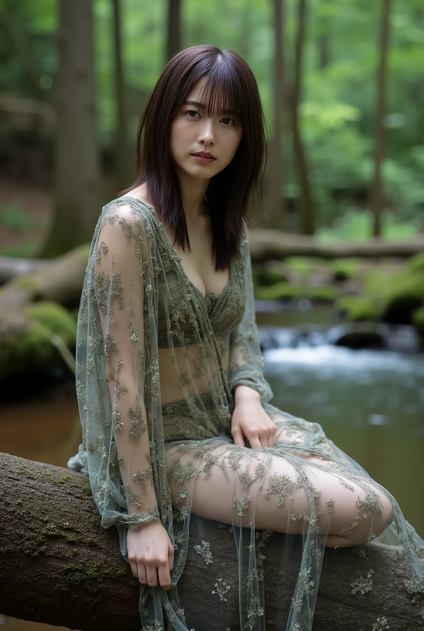 Left Shoulder Dress 、 transparent、with a sense of transparency、clavicle、 thighs、Sit on a tree trunk、Clear Stream、solo camp with crotch in between、 in the woods