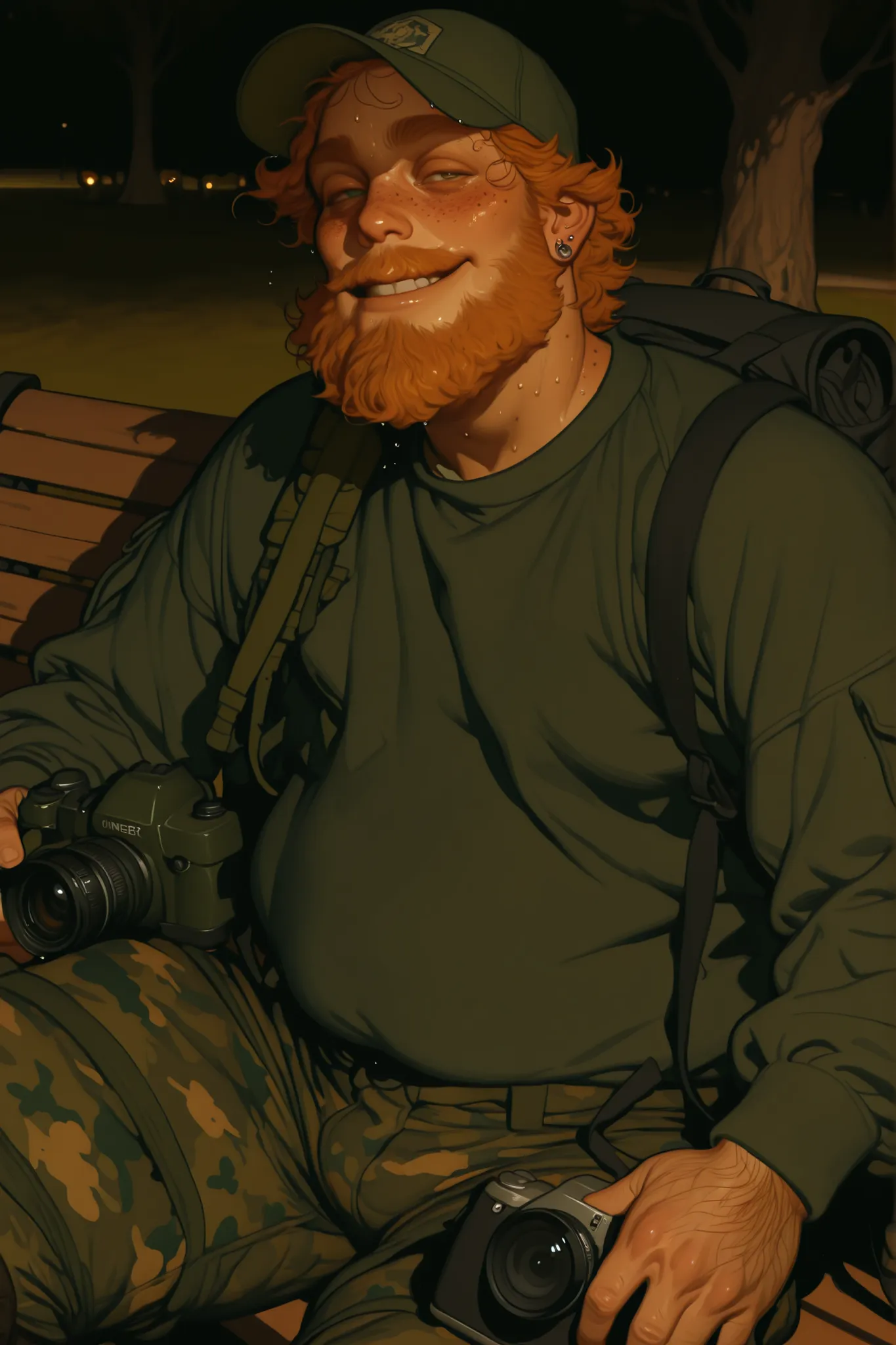 2d semi realistic image of a Chubby plus size, fat, short young adult man with soft chest and wide hips, chubby and plus size. Wearing green baseball cap with shoulder length curly messy ginger hair, thick ginger unibrow, hairy, ginger scruffy short beard,...