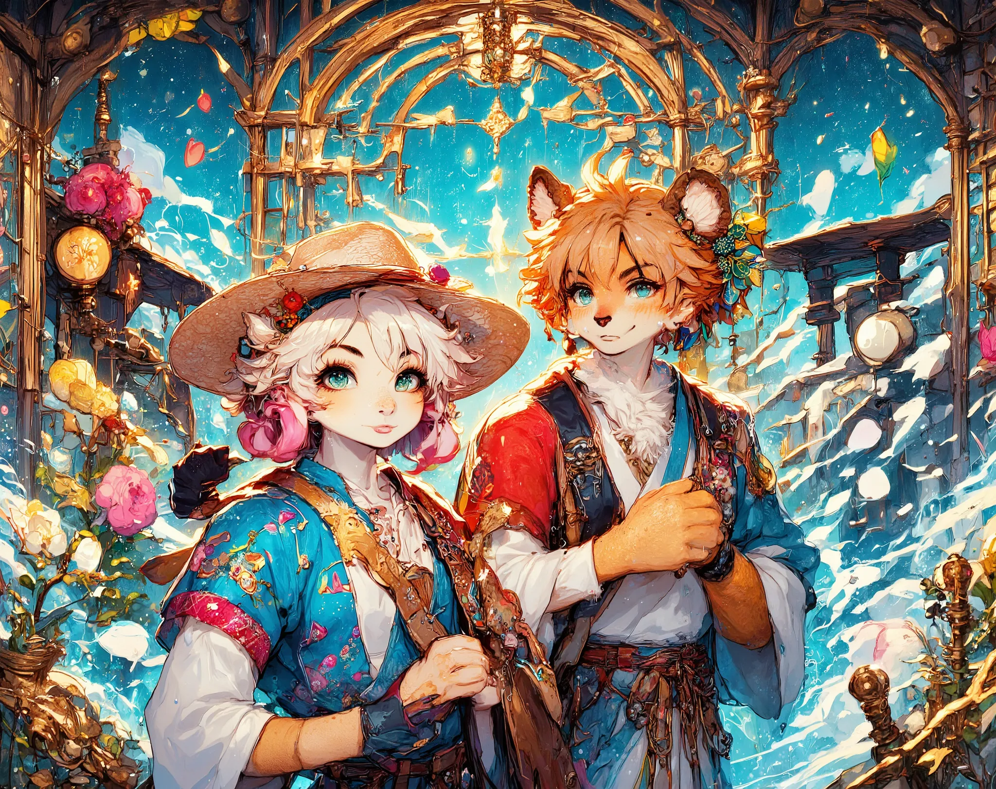 anime style calendar cover for 2025, featuring four beautiful anime characters representing the seasons: spring with flowers and pink hair, summer with a straw hat and clear sky, autumn with falling leaves and orange tones, winter with snow and white hair,...