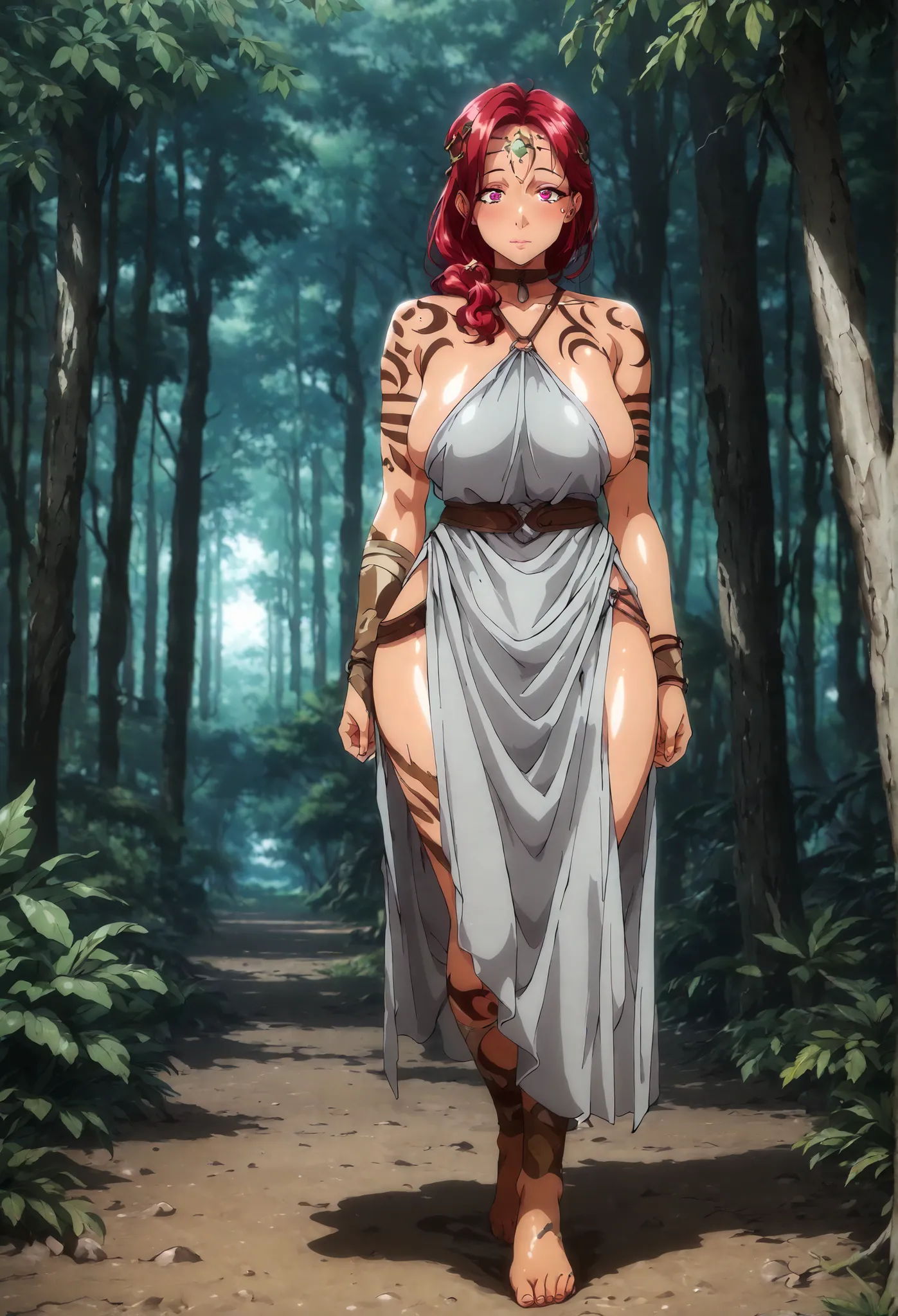 (masterpiece), (best quality), (highres), (detailed), (mature female), (round face), (intricate forehead wrinkles), (shimmering silver-red hair),((anime coloring,shiny skin)), (tribal woman), (deep forest background), (moonlight filtering through trees), s...